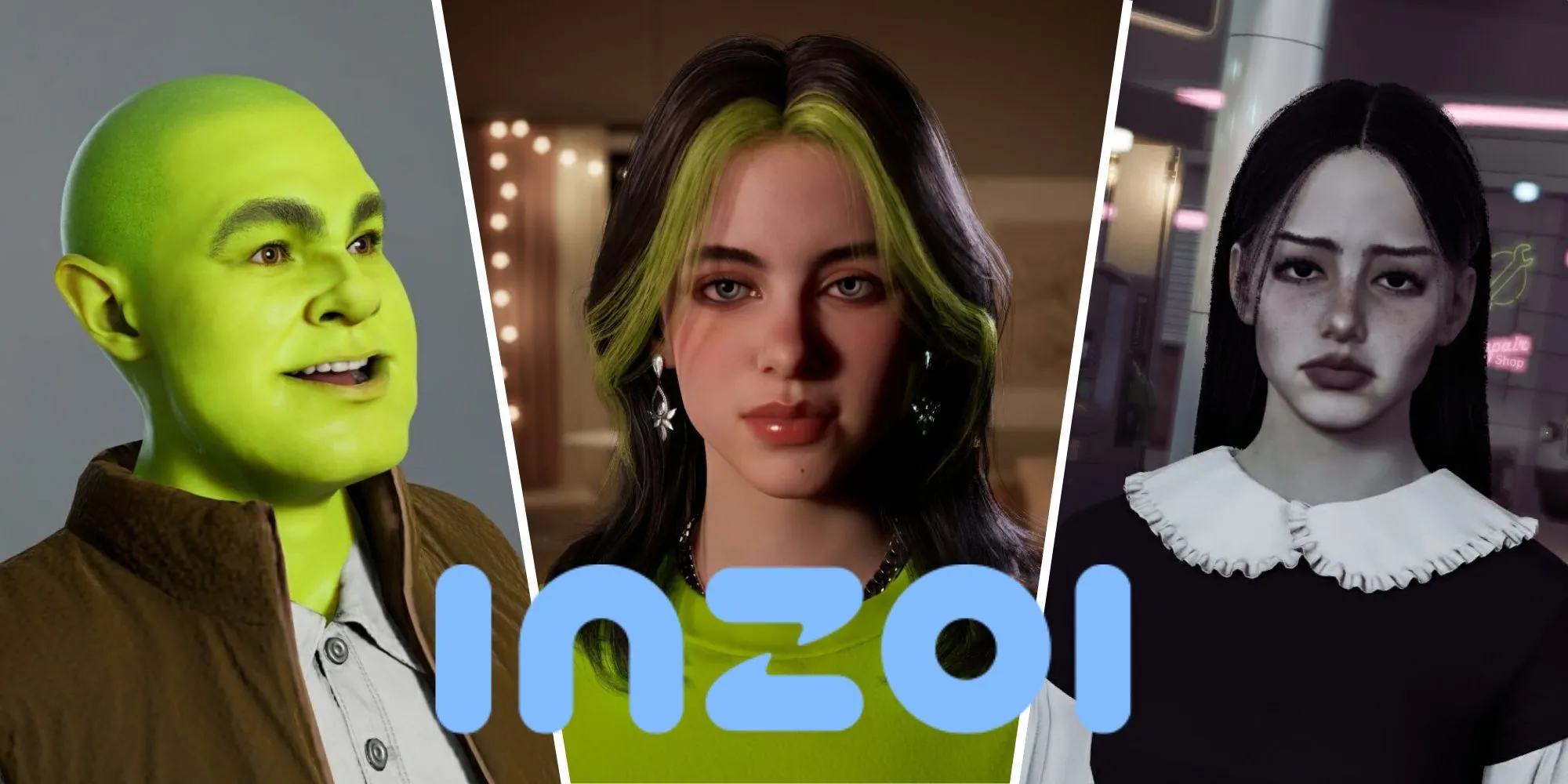 Giao diện tạo nhân vật trong InZOI với các tạo hình Shrek, Billie Eilish và Wednesday Addams do người chơi sáng tạo