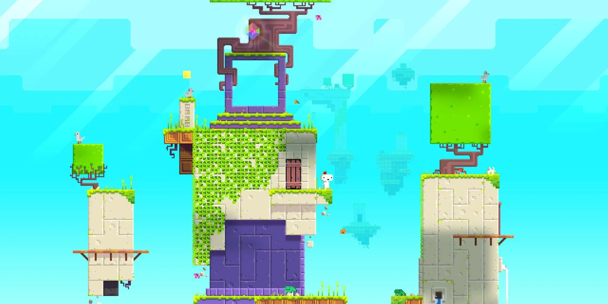 Hình ảnh gameplay từ game Fez với khối lập phương xoay chuyển