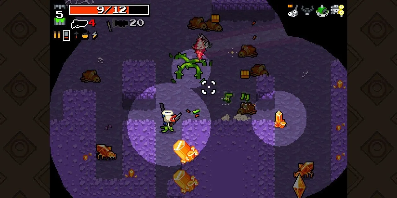 Một cảnh chiến đấu trong khu vực tối tăm của Nuclear Throne, một tựa game roguelike bắn súng.