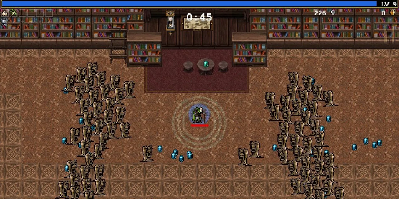 Một đám đông Dust Elementals đang hội tụ về phía người chơi trong Vampire Survivors.