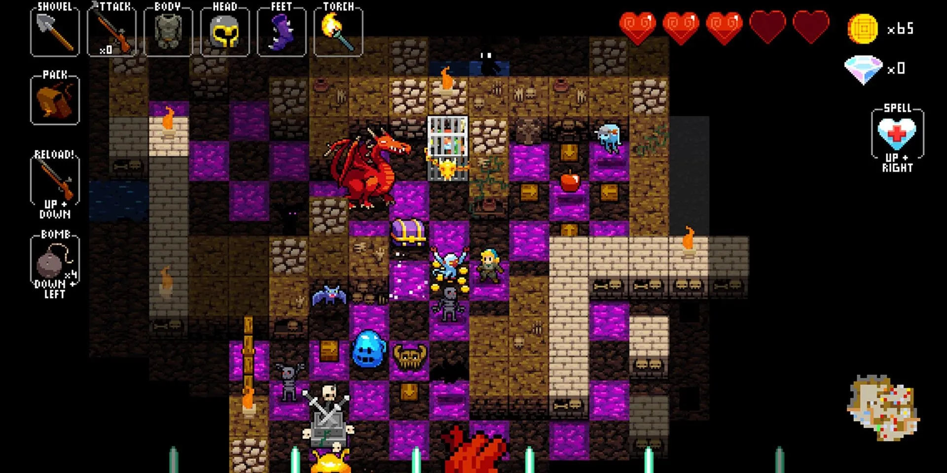Người chơi đối mặt với một con Rồng trong Crypt of the NecroDancer, một game roguelike nhịp điệu.