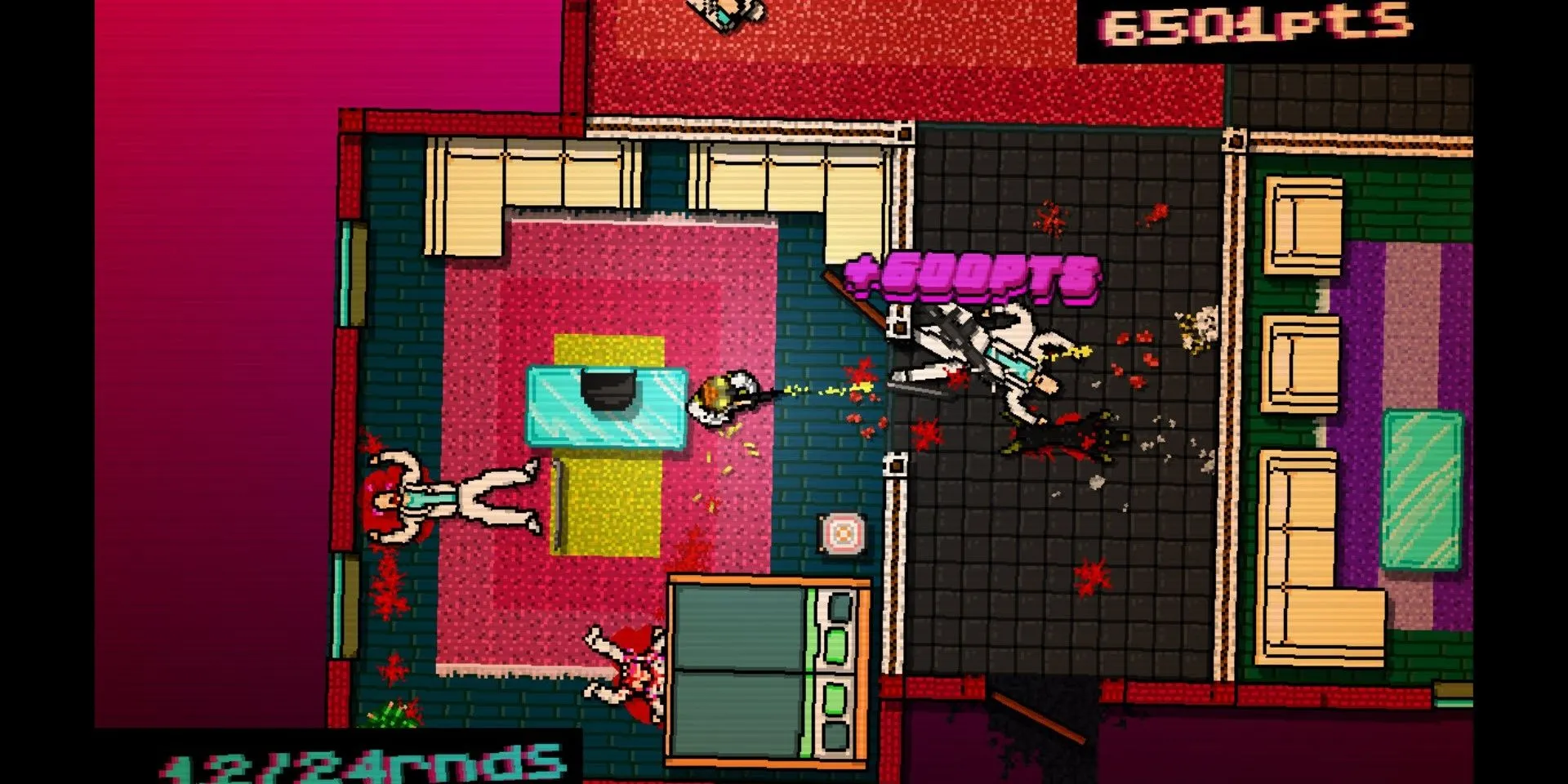 Nhân vật bắn kẻ thù trong game Hotline Miami