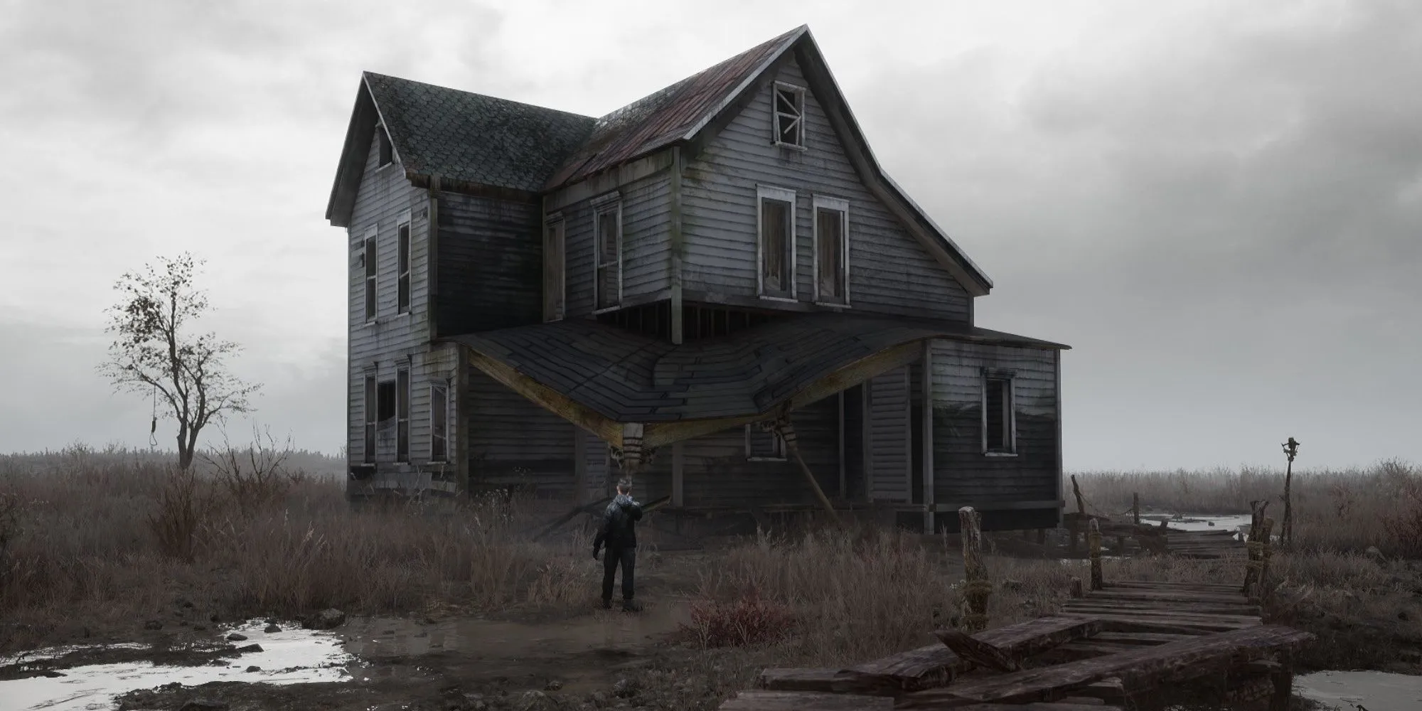 Nhân vật chính Daniel trong game phiêu lưu kinh dị tâm lý Stray Souls đứng bên ngoài căn nhà của bà ngoại mình