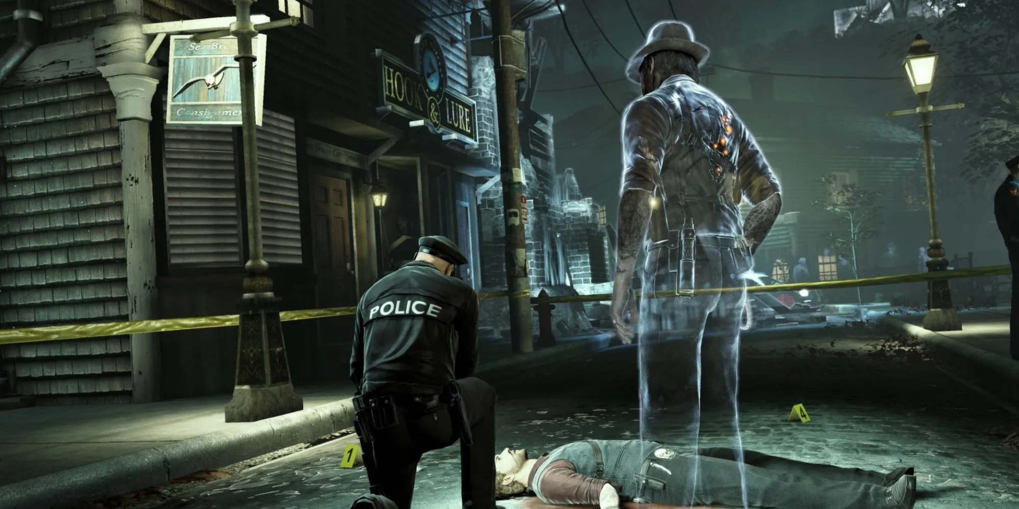 Nhân vật chính trong Murdered: Soul Suspect đứng nhìn thi thể của mình sau khi bị sát hại