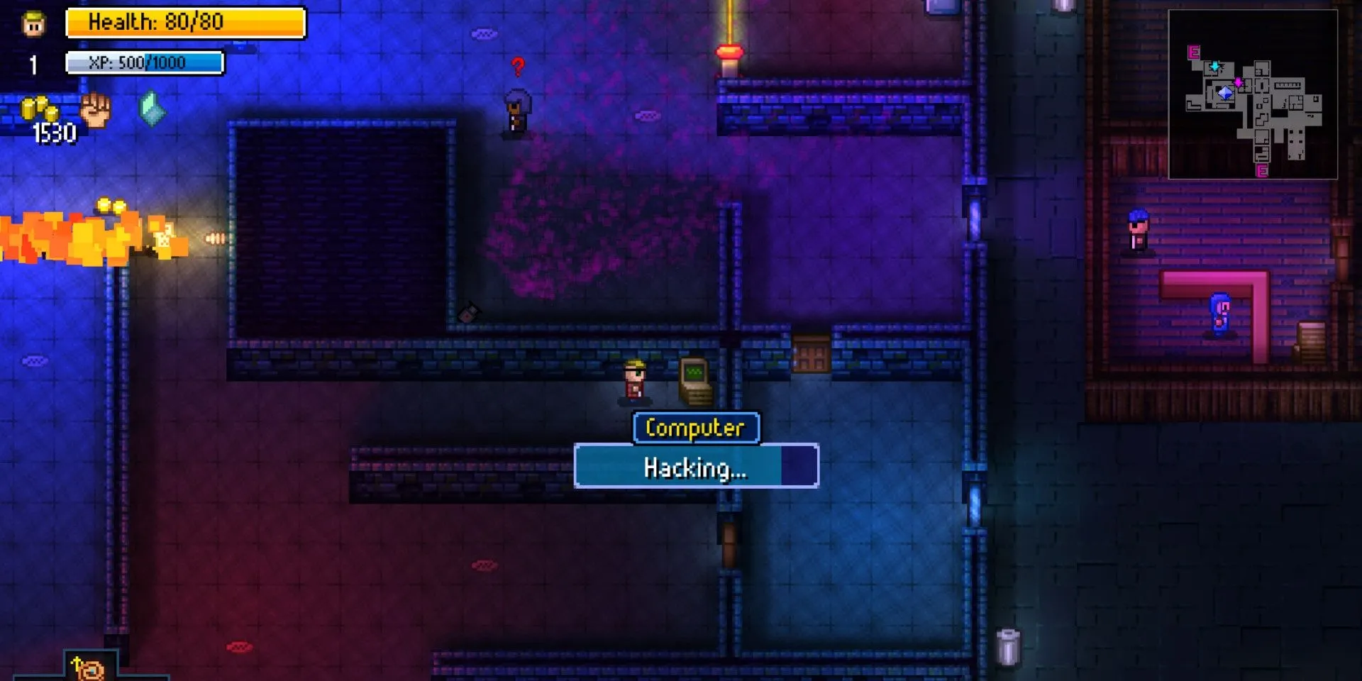 Nhân vật đang hack máy tính trong Streets of Rogue, một tựa game roguelite với môi trường tương tác cao.