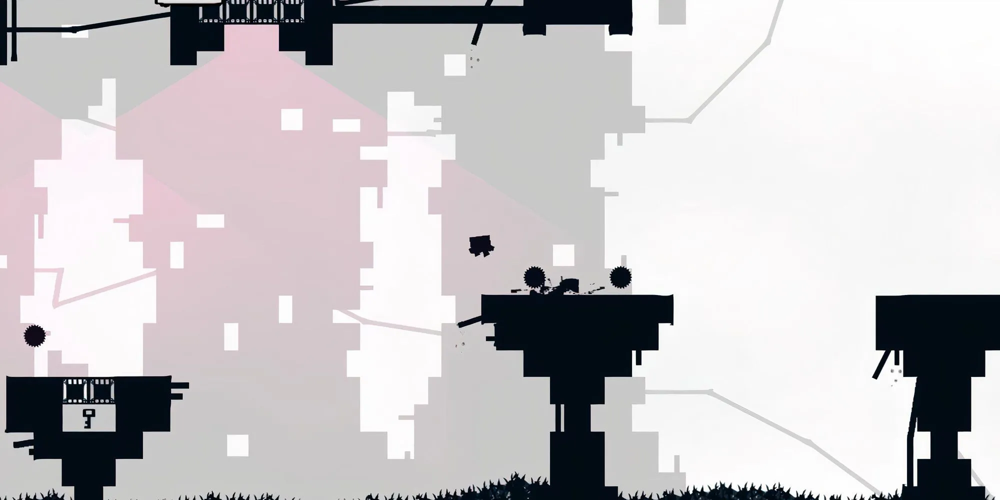 Nhân vật Super Meat Boy gần hai bánh răng cơ khí trên cao