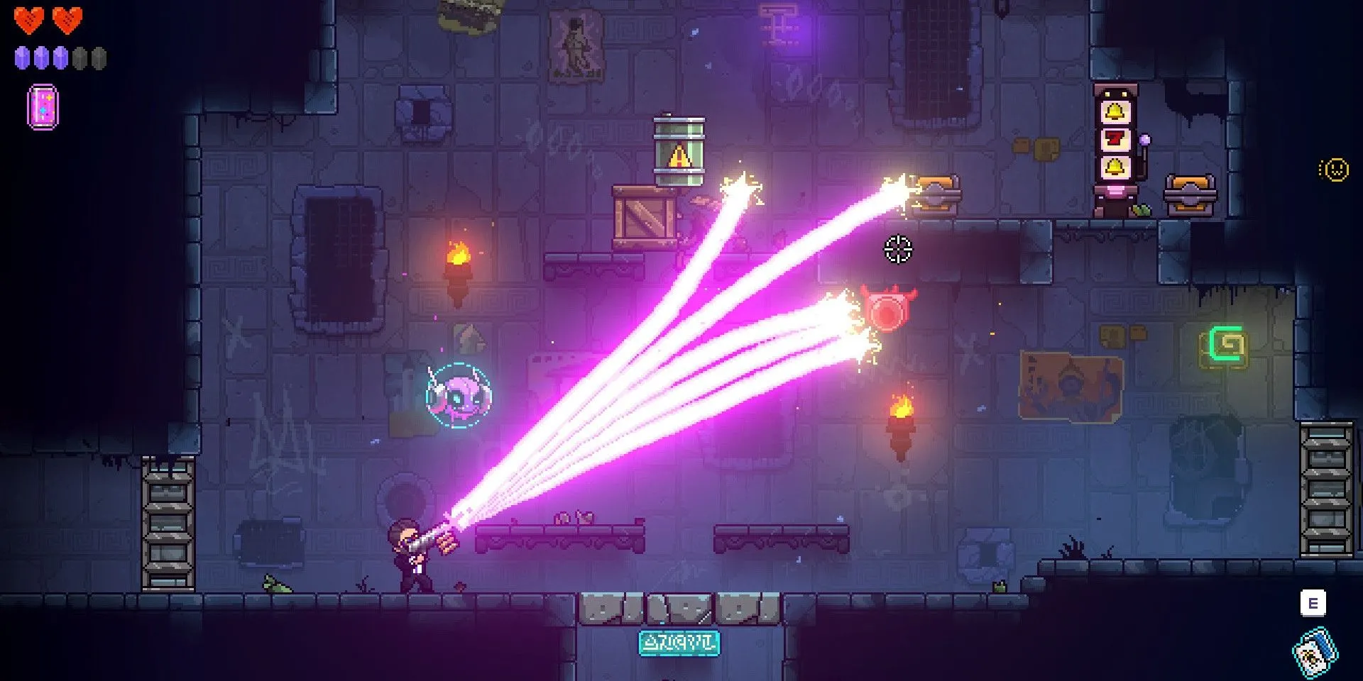Nhân vật trong Neon Abyss bắn ra nhiều chùm tia năng lượng trong một màn chơi platformer.
