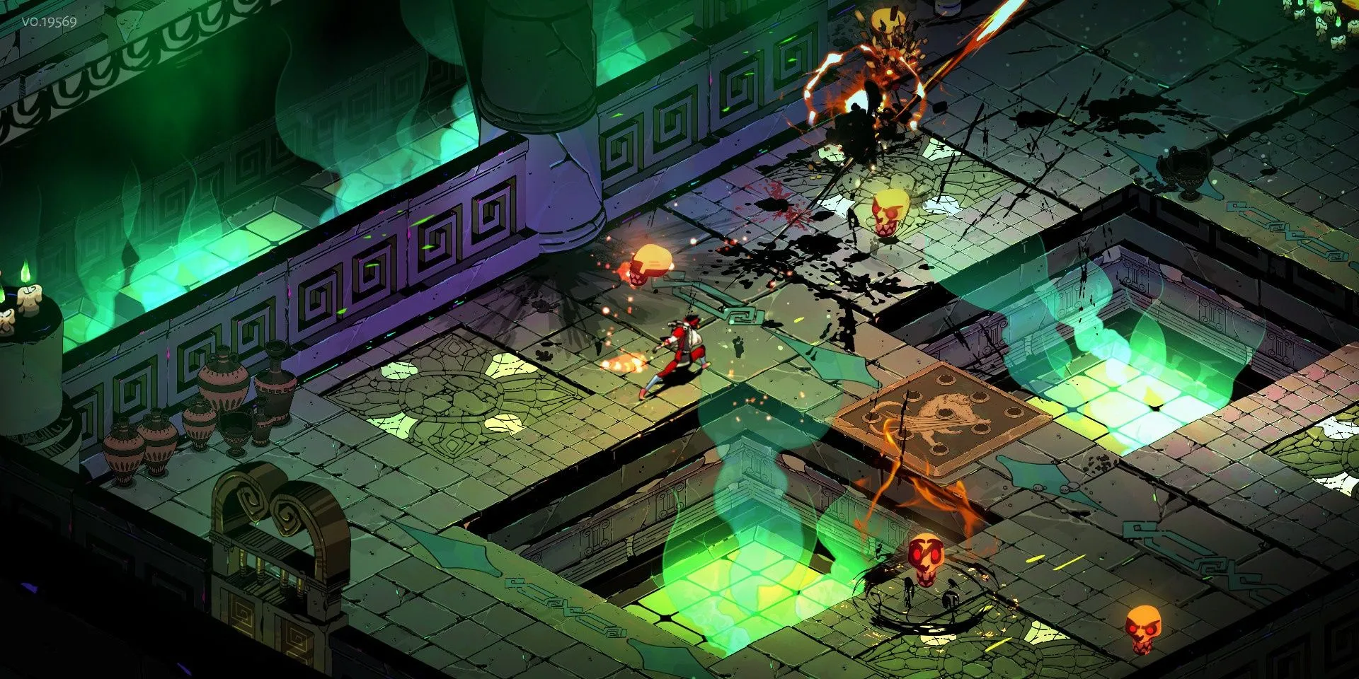 Zagreus, nhân vật chính của Hades, đang ném ngọn giáo của mình trong một trận chiến.