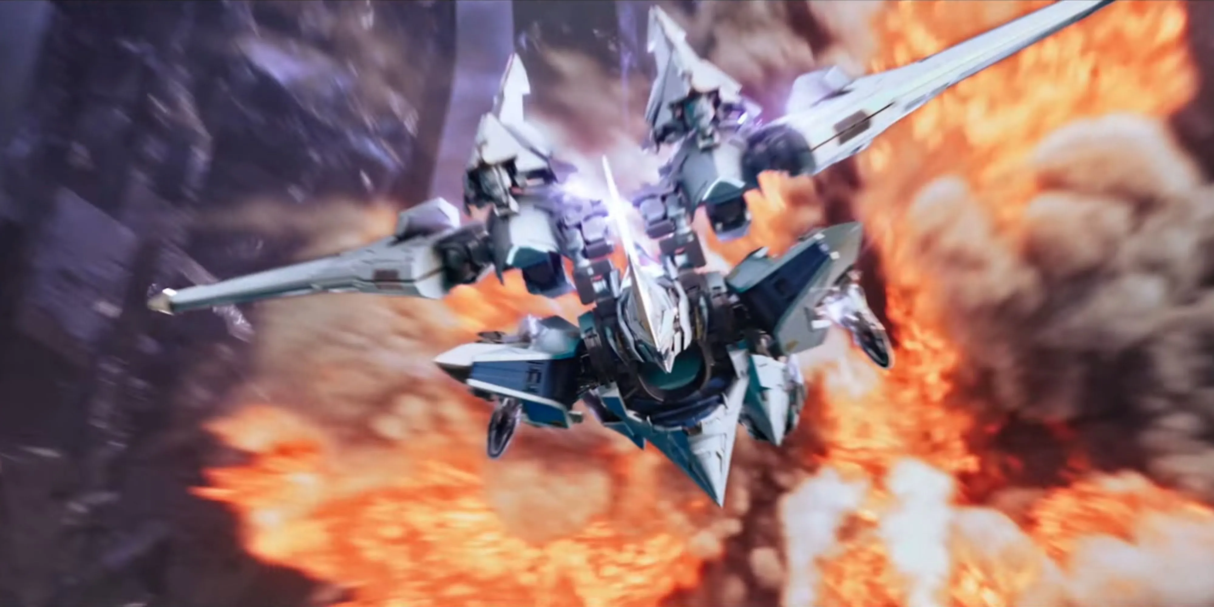 Một mẫu mech đang bay trong Mecha Break, minh họa lối chơi tốc độ cao