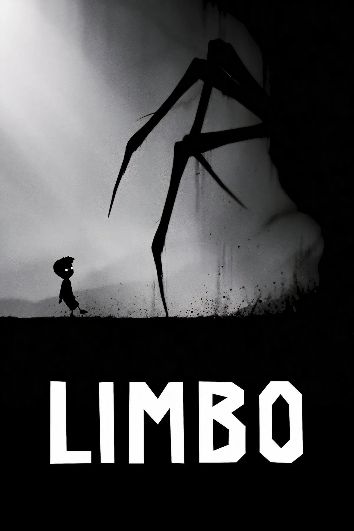 Ảnh bìa game Limbo, nổi bật với hình ảnh cậu bé trong bóng tối và không khí u ám, minh họa phong cách đồ họa đơn sắc đặc trưng