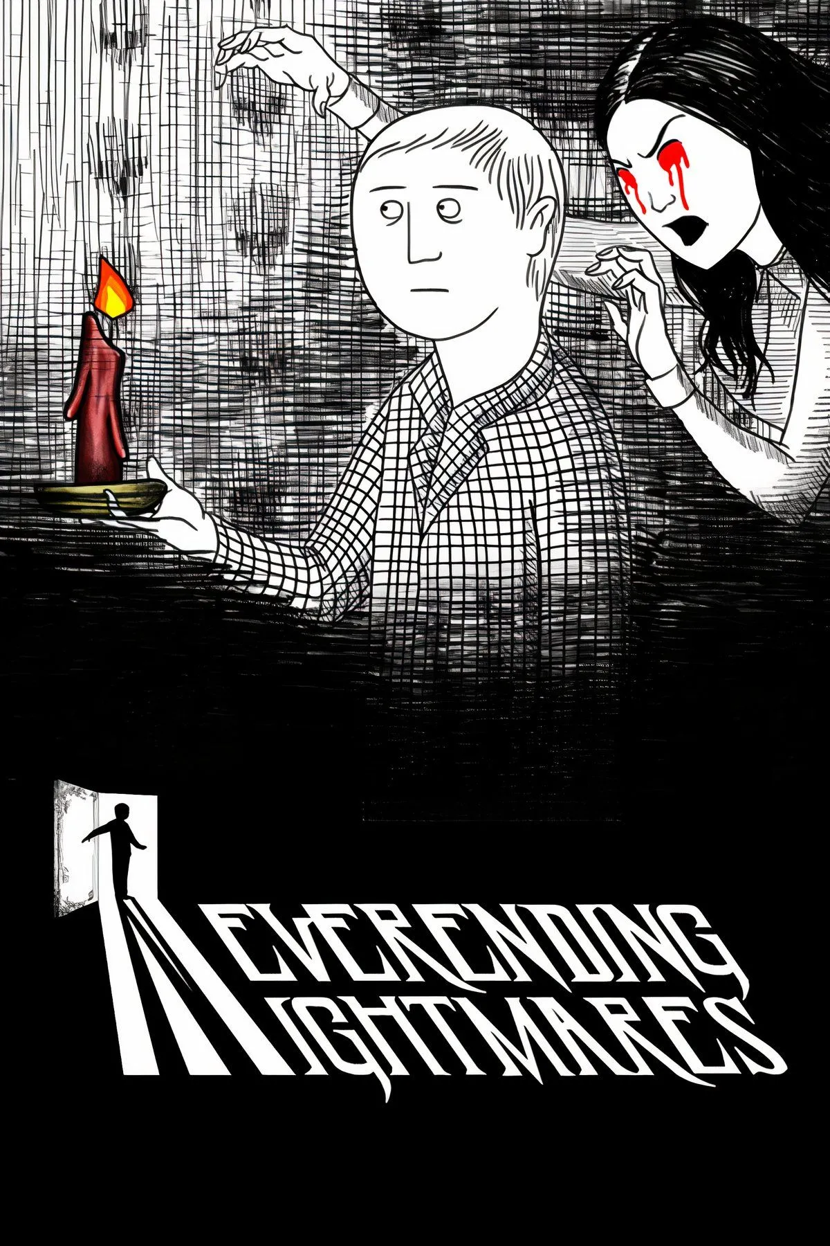 Ảnh bìa game Neverending Nightmares, thể hiện phong cách đồ họa vẽ tay đen trắng ám ảnh và nhân vật chính Thomas