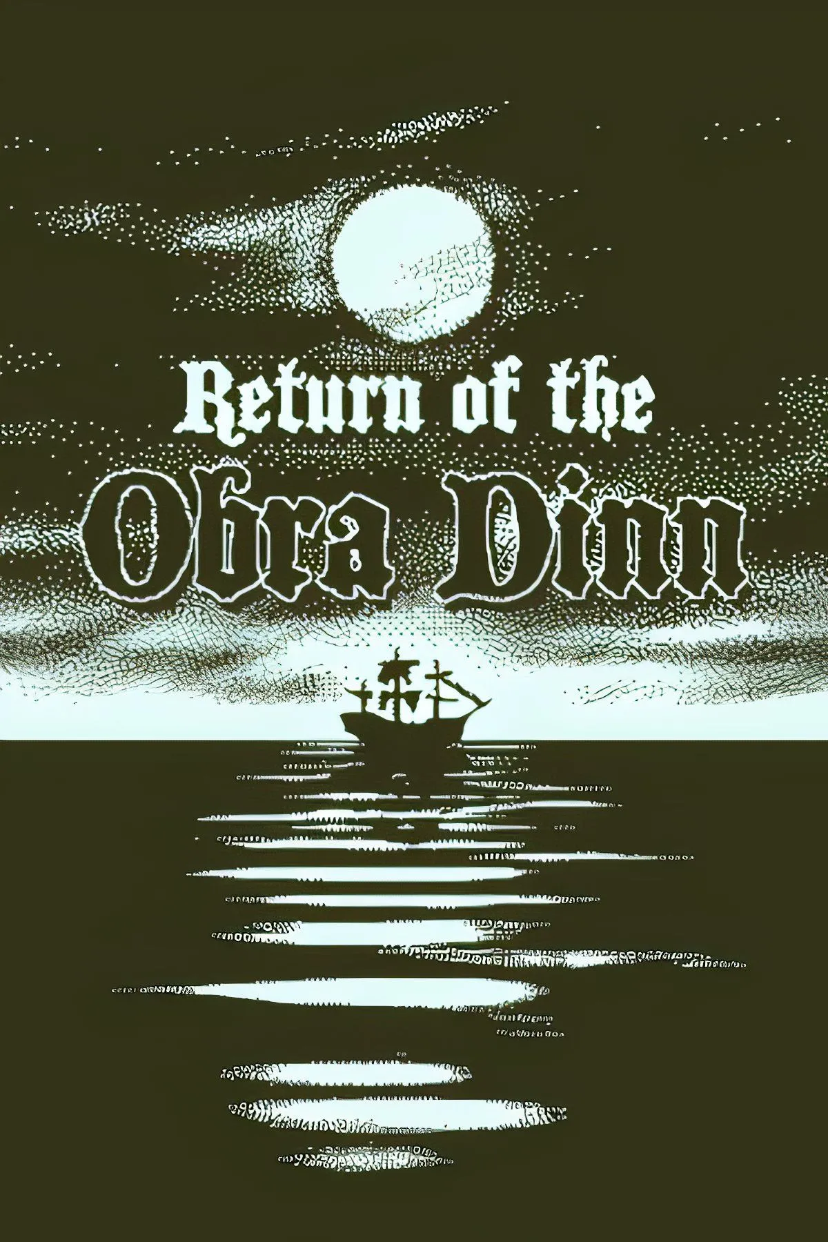 Ảnh bìa Return of the Obra Dinn, thể hiện phong cách đồ họa 1-bit đơn sắc độc đáo và không khí bí ẩn của con tàu ma
