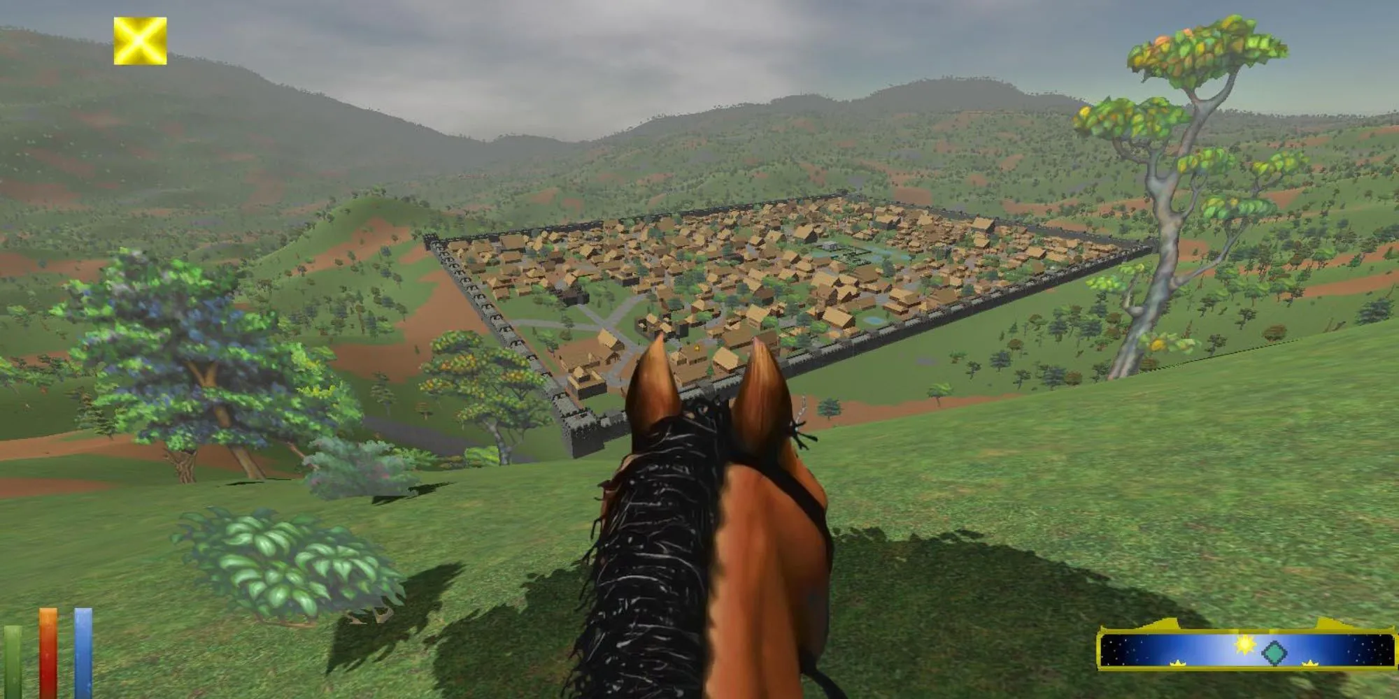 Ảnh chụp màn hình góc nhìn thứ nhất trong The Elder Scrolls II Daggerfall, cảnh người chơi cưỡi ngựa nhìn ra khu định cư