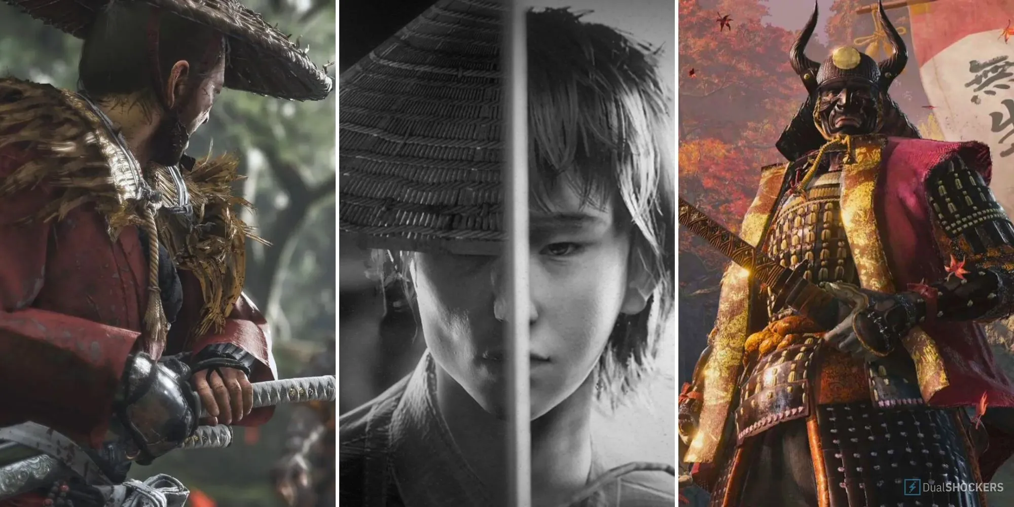 Ảnh ghép ba nhân vật từ các game lấy bối cảnh Nhật Bản phong kiến như Ghost of Tsushima, Trek to Yomi, Sekiro Shadows Die Twice.