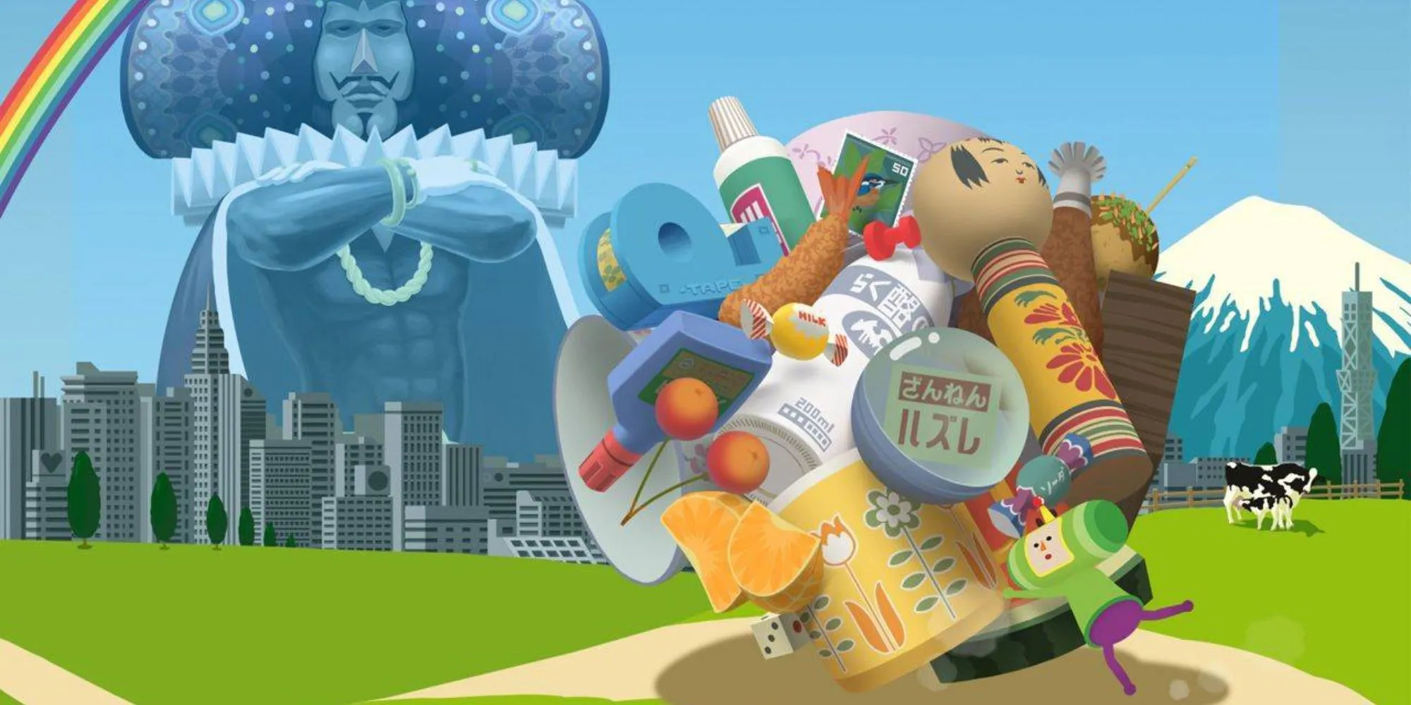 Ảnh Katamari Damacy, mô tả cục cầu Katamari và thế giới thu nhỏ.