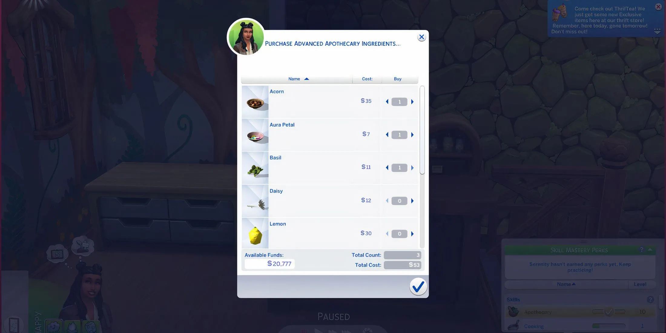 Bàn điều chế thuốc Apothecary Table nơi chế tạo các elixir và thuốc chữa bệnh trong The Sims 4