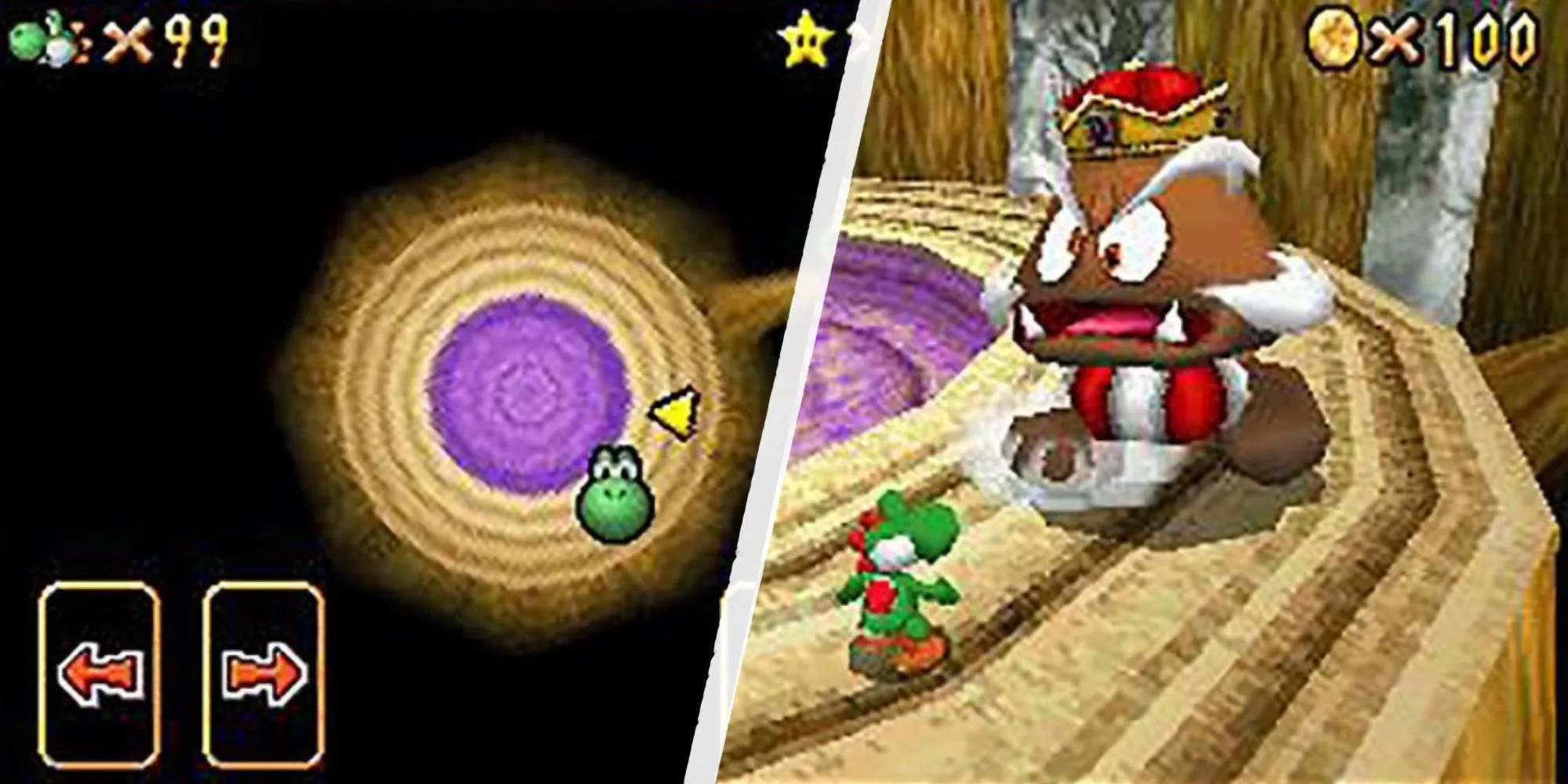 Bản đồ nhỏ và cảnh chiến đấu với Goomba King trong Super Mario 64 DS.