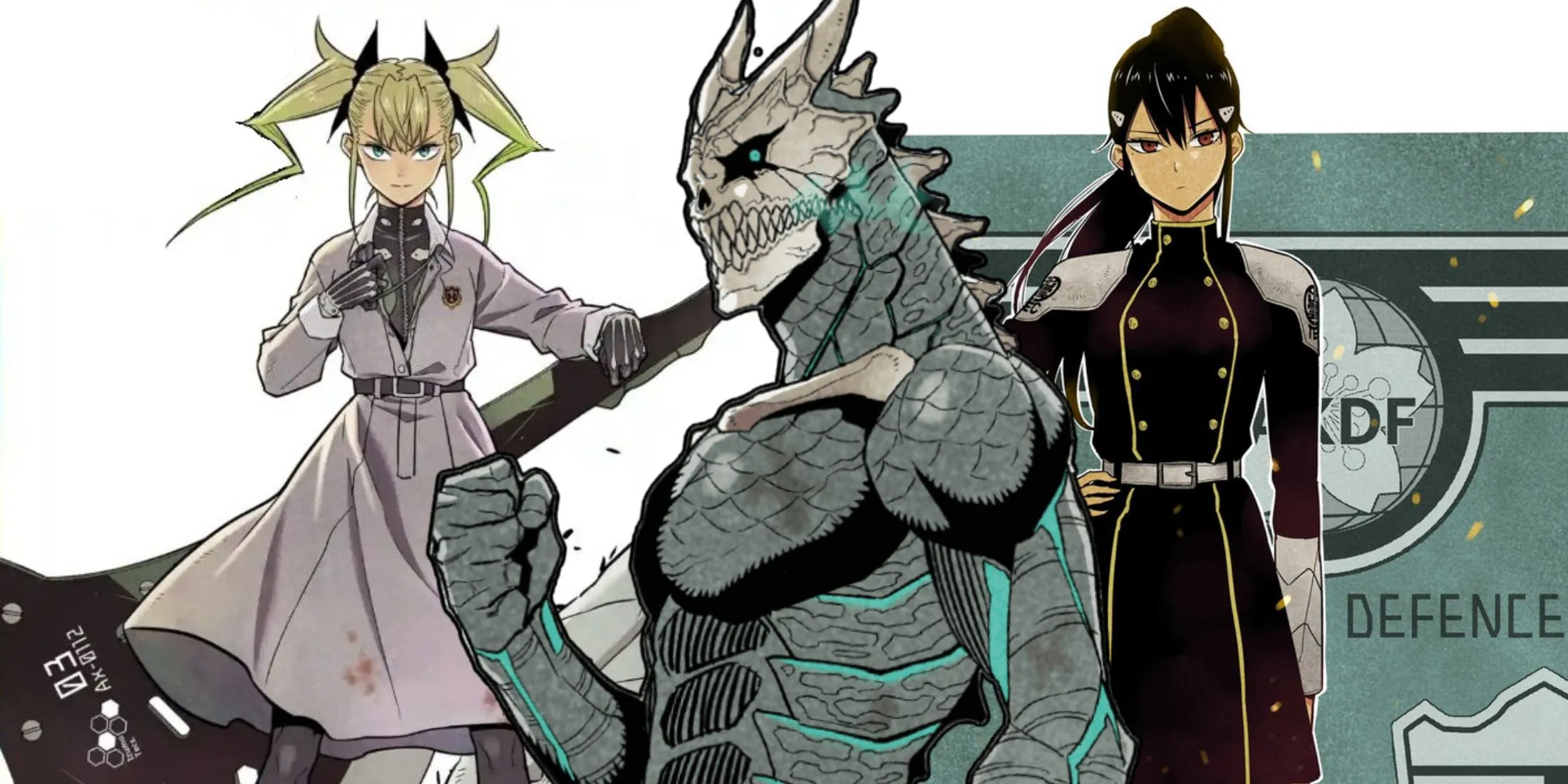 Bảng ghép các nhân vật Kafka Hibino, Mina Ashiro và Kikoru Shinomiya từ manga Kaiju No. 8, những người có kết cục tốt đẹp.