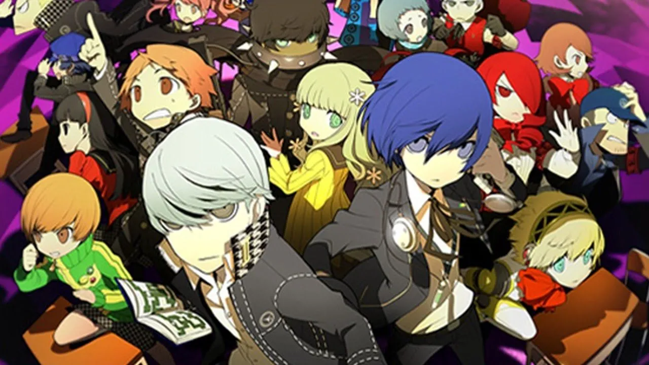 Bìa nghệ thuật của Persona Q: Shadow of the Labyrinth, thể hiện sự hội ngộ của các nhân vật chính từ Persona 3 và Persona 4 trong một phong cách chibi đáng yêu.