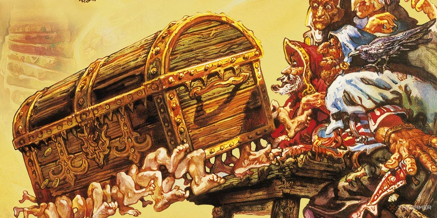 Bìa nghệ thuật của The Colour of Magic, giới thiệu nhân vật phù thủy Rincewind và chiếc rương The Luggage