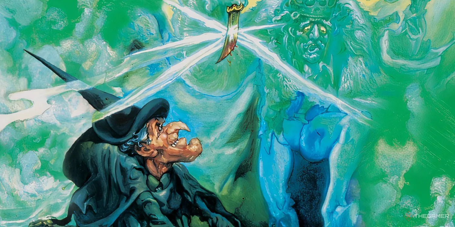 Bìa sách Wyrd Sisters, thể hiện bộ ba phù thủy Granny Weatherwax, Nanny Ogg và Magrat Garlick
