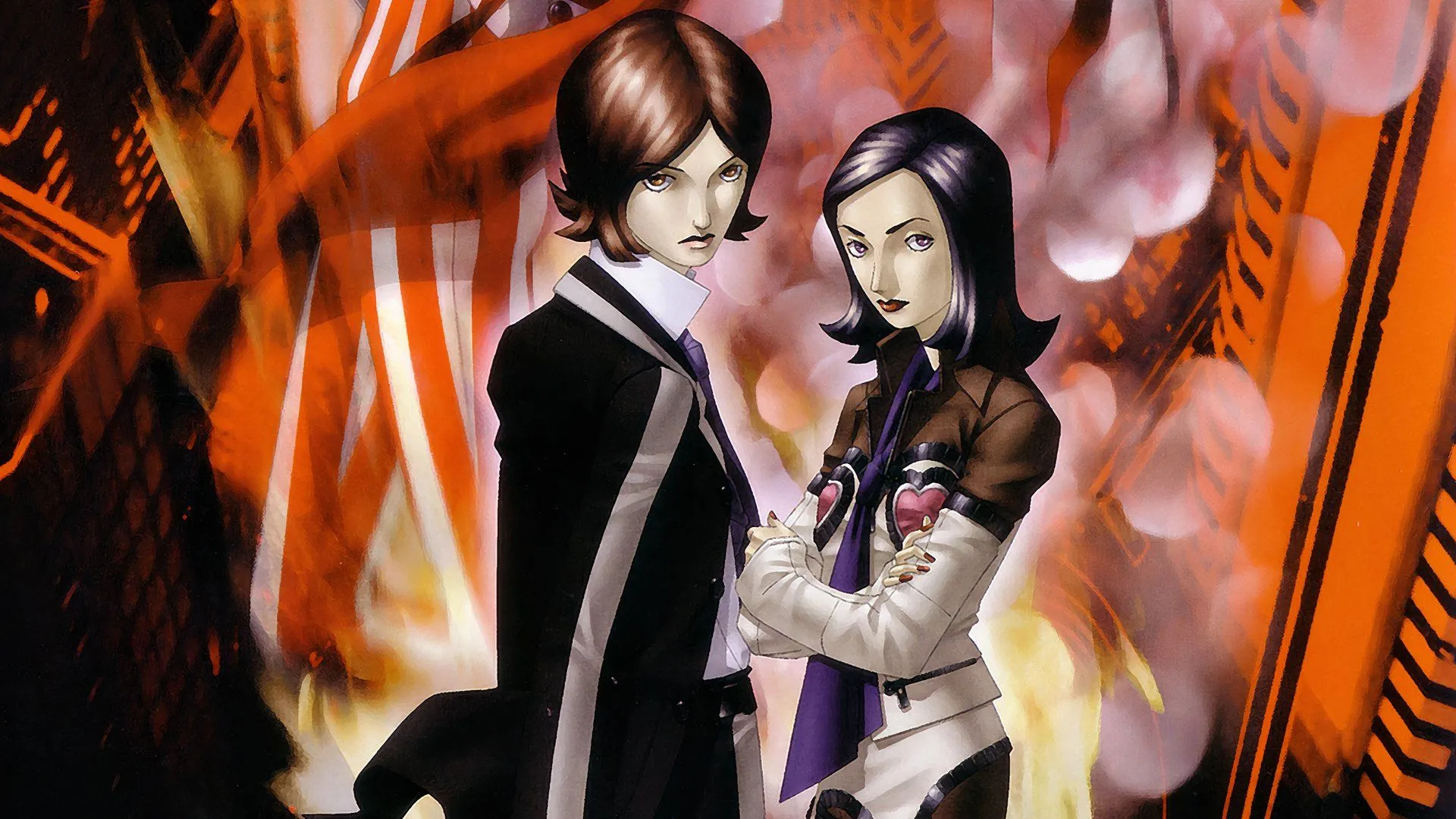 Các nhân vật chính của Persona 2: Innocent Sin, bao gồm Tatsuya Suou, Lisa Silverman, Eikichi Mishina, Maya Amano và Jun Kurosu, đứng cùng nhau trong một khung cảnh thành phố.