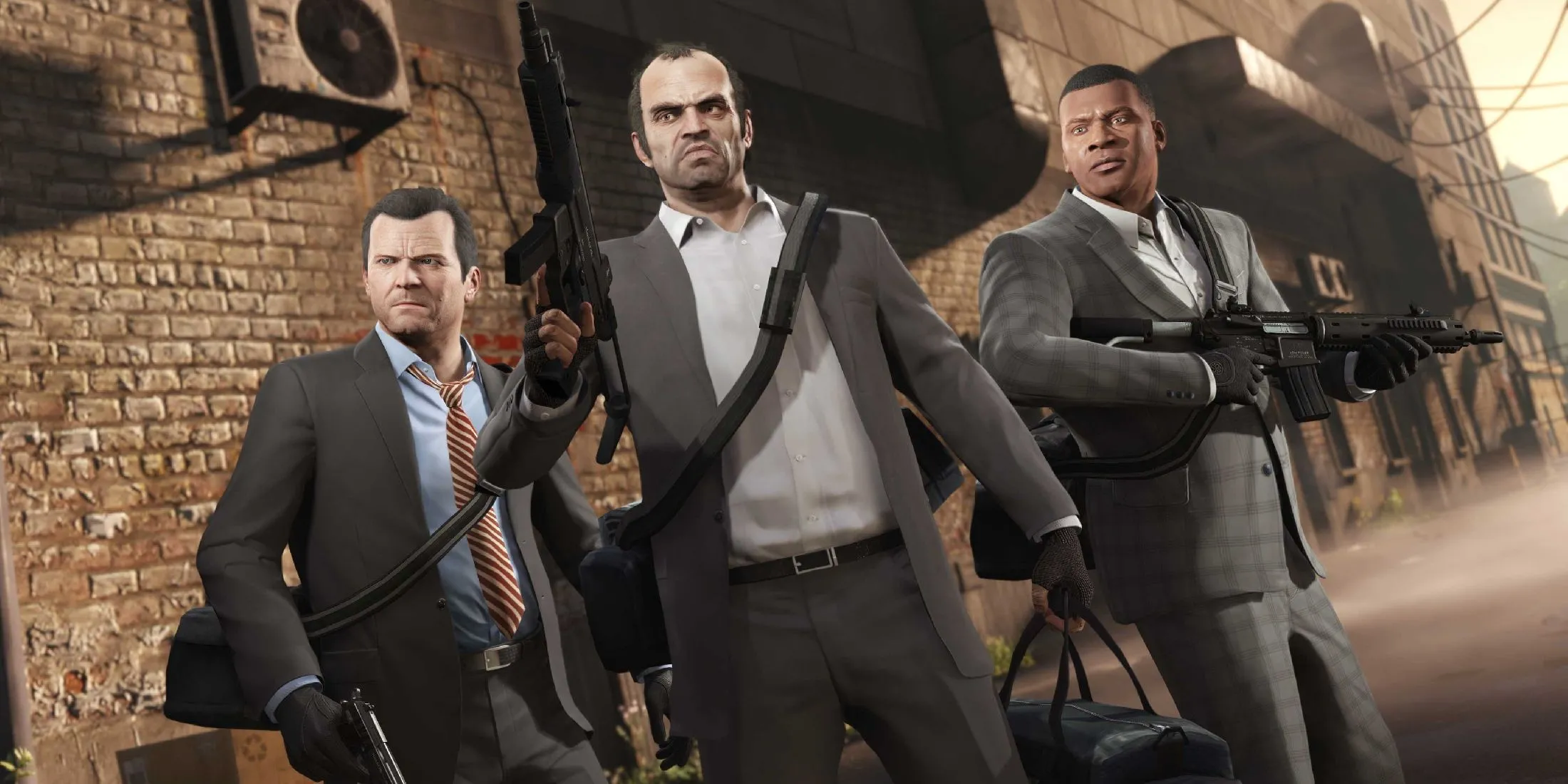 Các nhân vật chính Michael, Trevor và Franklin của Grand Theft Auto V nhìn ra khung cảnh Los Santos