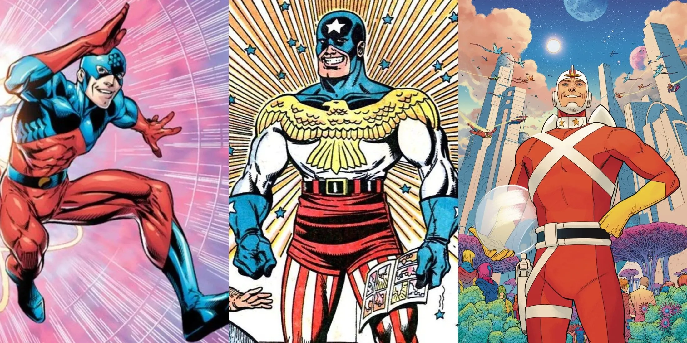 Các thành viên Justice League: Atom, General Glory và Adam Strange trên phông nền truyện tranh DC