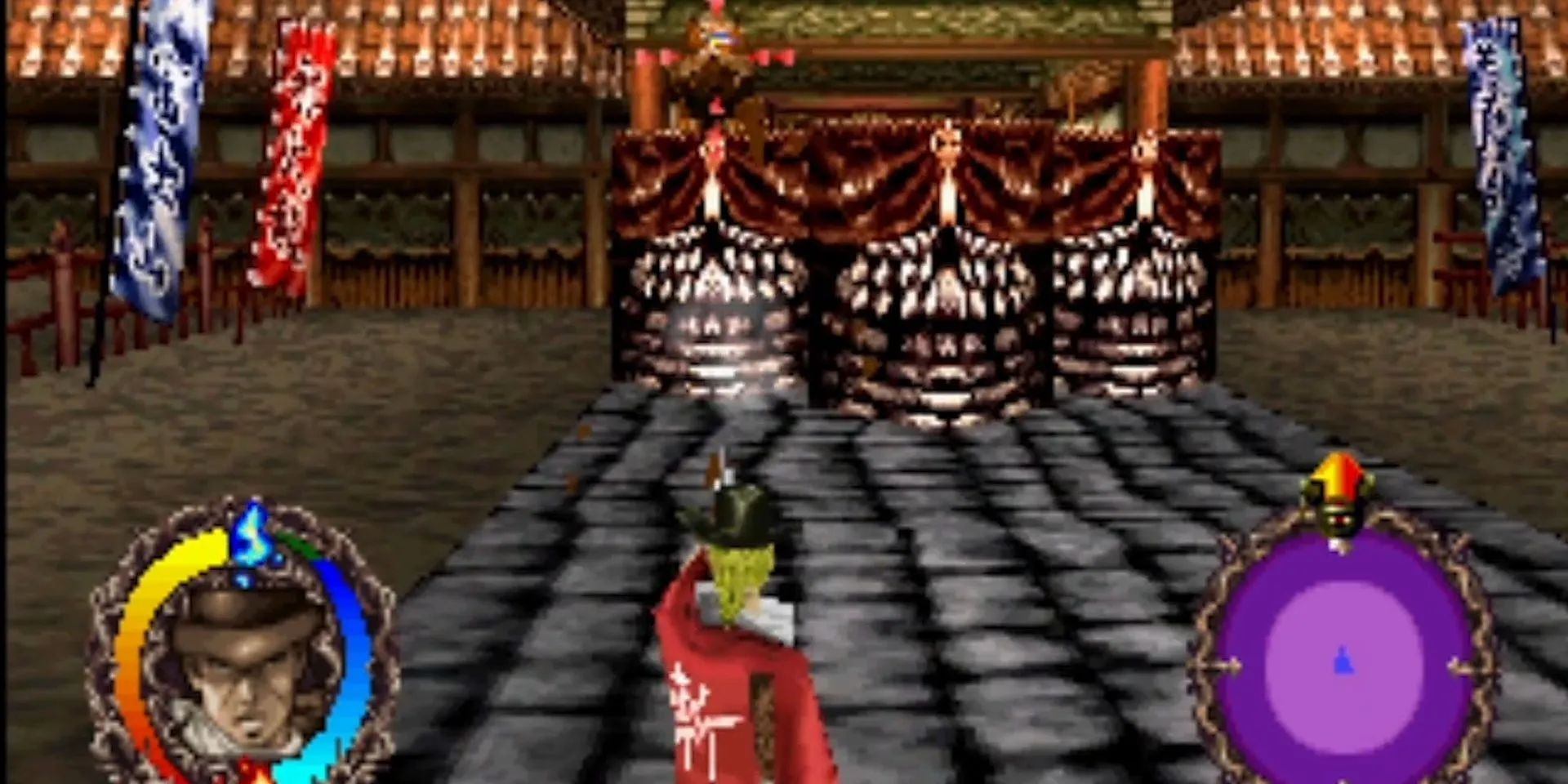 Cảnh chiến đấu súng trong game Rising Zan: The Samurai Gunman, một tựa game hành động kỳ lạ kết hợp samurai và cao bồi trên PS1
