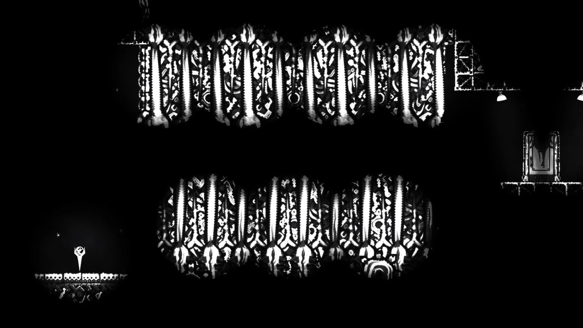 Cảnh gameplay của Closure, nhân vật chính đang sử dụng đèn pin để chiếu sáng đường đi trong môi trường tối, làm nổi bật phong cách đồ họa đơn sắc