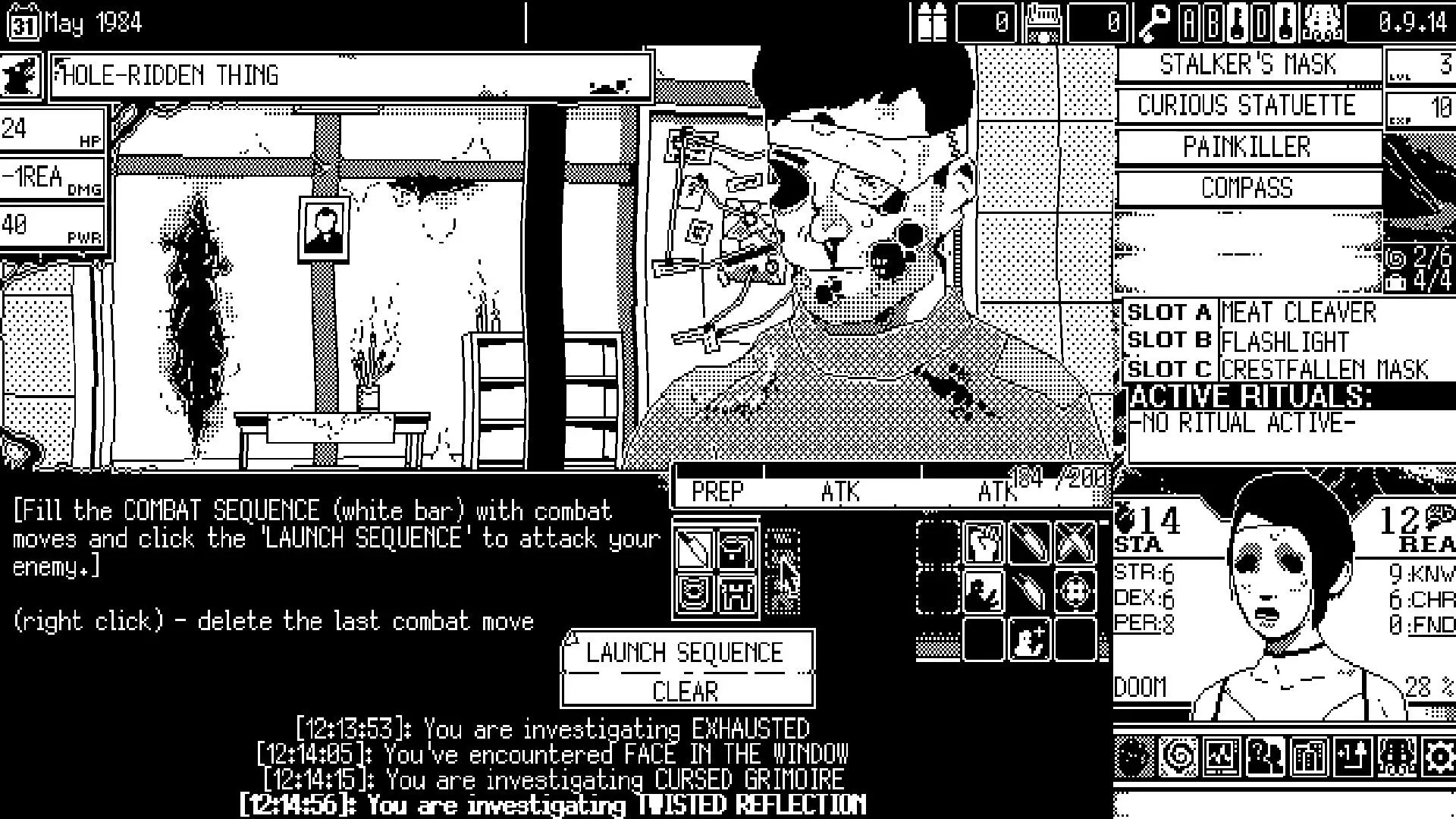 Cảnh gameplay của World of Horror với phong cách đồ họa 1-bit đen trắng, hiển thị một nhân vật nữ đối mặt với thực thể kinh dị