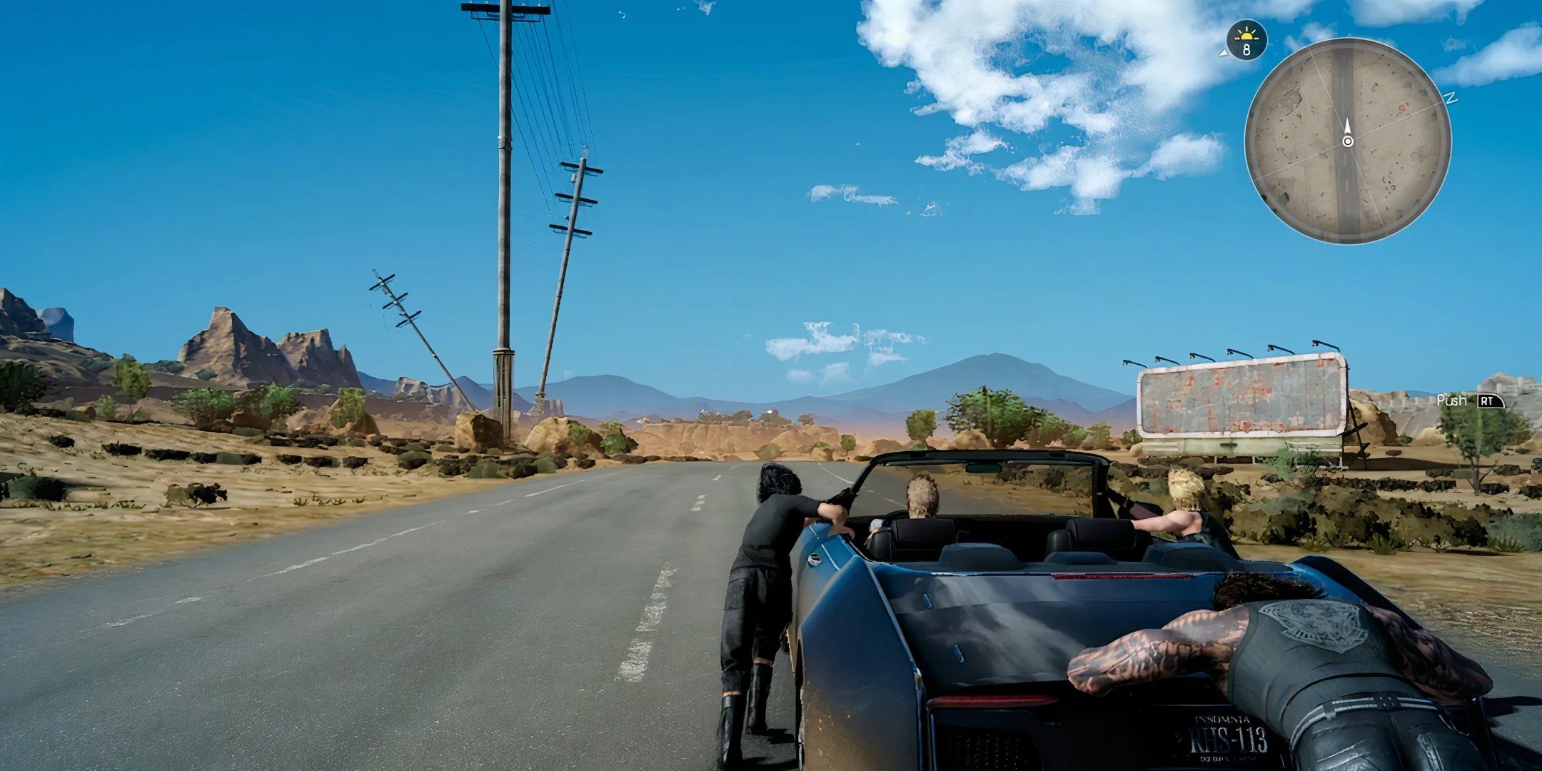 Cảnh mở đầu Final Fantasy 15 với nhóm Noctis đẩy chiếc xe Regalia.