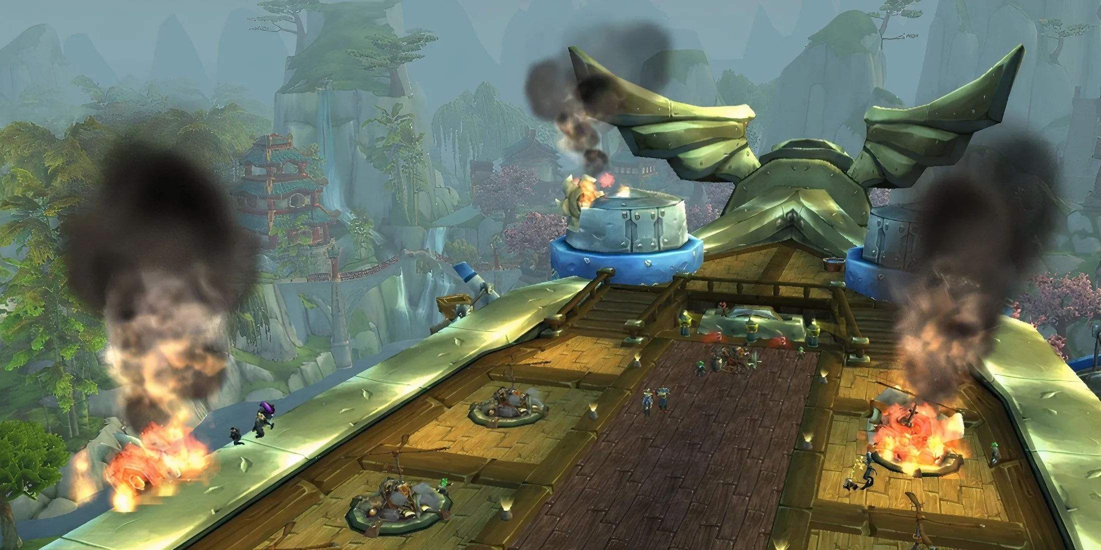 Cảnh nhìn từ phi thuyền Skyfire khi chiến đấu với quân Horde tại Pandaria trong WoW MoP