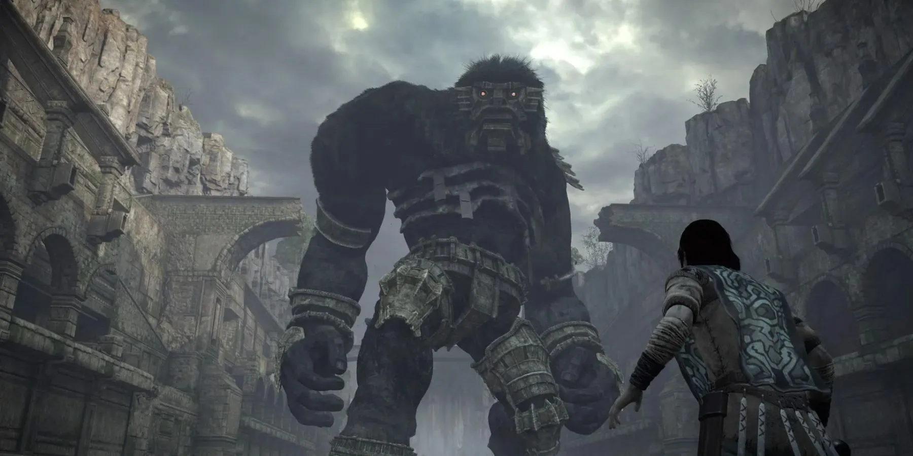Cảnh Wander trên lưng Argus, một trong các Colossus trong Shadow of the Colossus