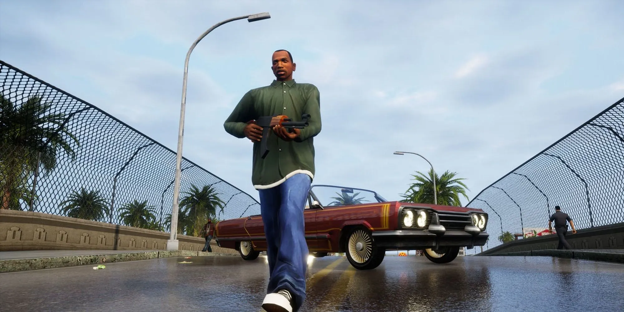 Carl Johnson (CJ) đi bộ ra khỏi xe trong game GTA San Andreas