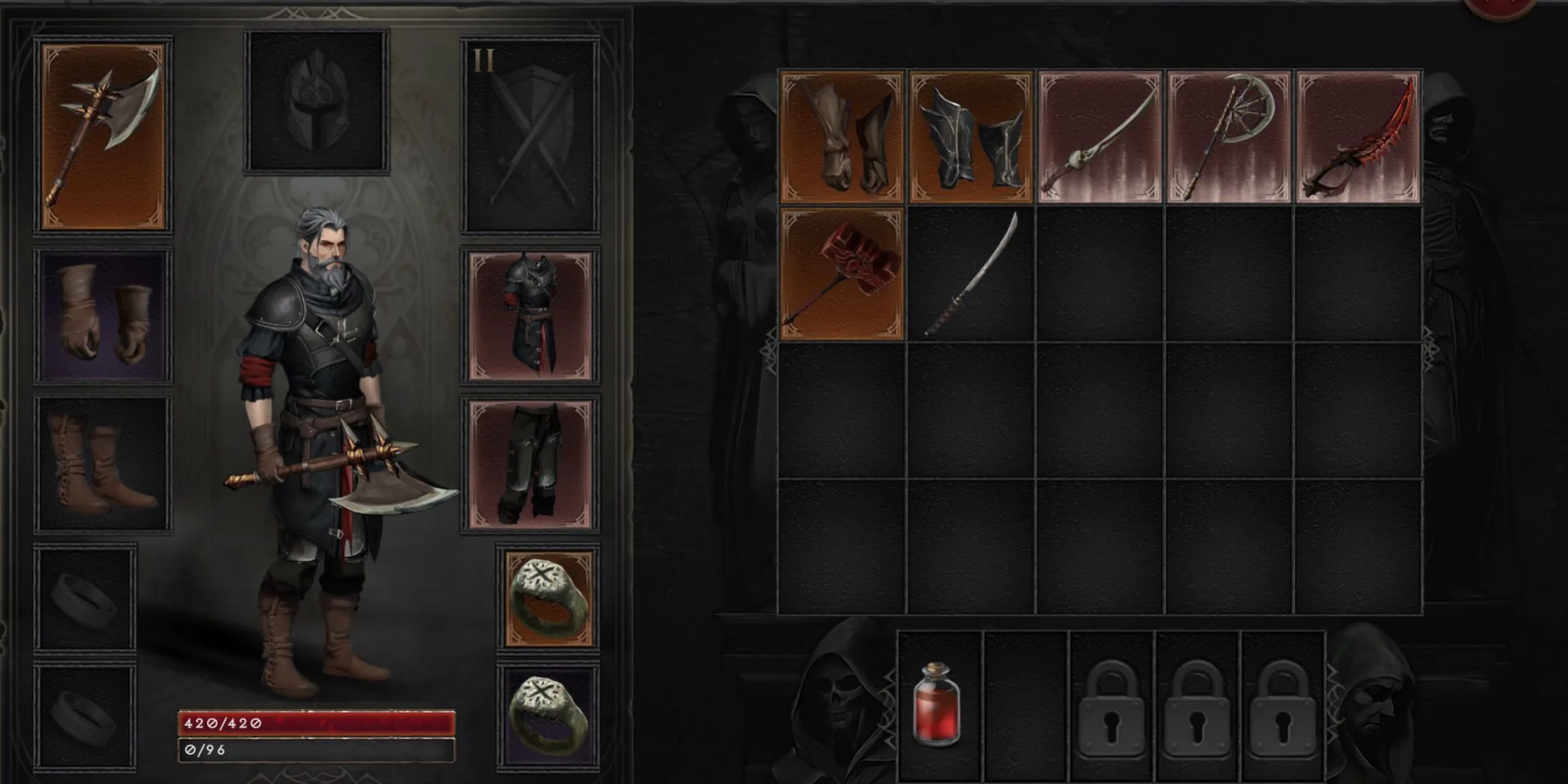 Chi tiết nhân vật người chơi trong Vampire's Fall 2, minh họa trang bị và phong cách game.