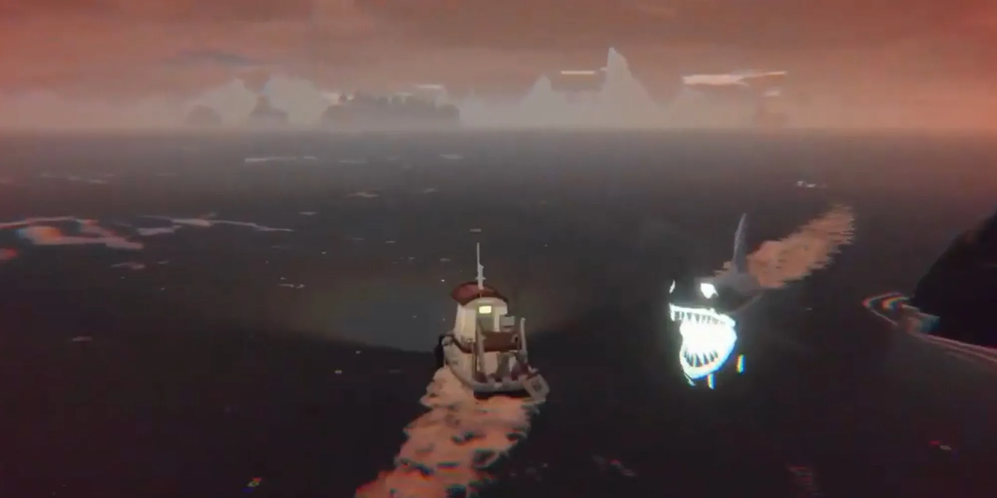 Chiếc thuyền đánh cá nhỏ đối diện với loài cá mập ma quái trong game kinh dị câu cá Dredge, thể hiện yếu tố Lovecraftian.