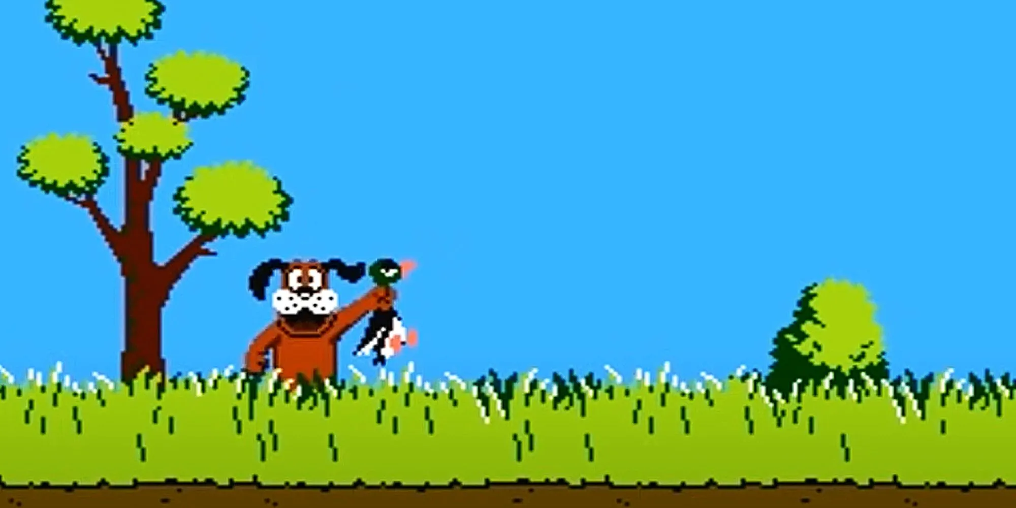 Chú chó biểu tượng của Duck Hunt cầm con vịt bị hạ gục, thể hiện lối chơi bắn vịt cổ điển trên hệ máy NES