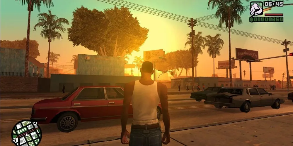 CJ đứng trên đường phố Los Santos trong phiên bản Grand Theft Auto: San Andreas của PlayStation 2