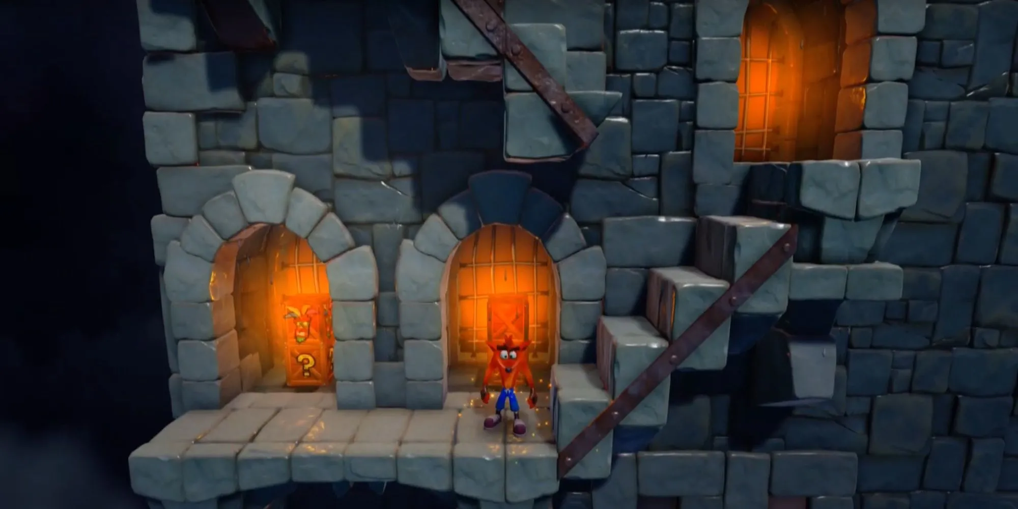Crash Bandicoot N. Sane Trilogy đứng trước cầu thang trong màn Stormy Ascent