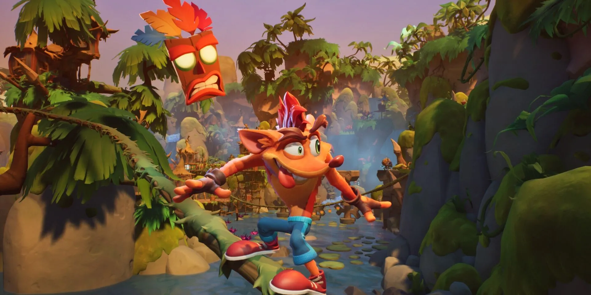 Crash Bandicoot trượt trên dây leo trong Crash Bandicoot 4: It’s About Time, minh họa lối chơi platformer năng động.