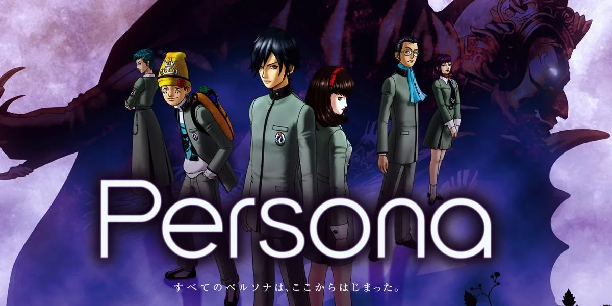 Đội hình nhân vật chính của Revelations: Persona (Persona 1) bao gồm Protagonist (Naoya Toudou), Maki Sonomura, Yuka Ayase, Hidehiko Uesugi và Masao Inaba, cùng với logo game.