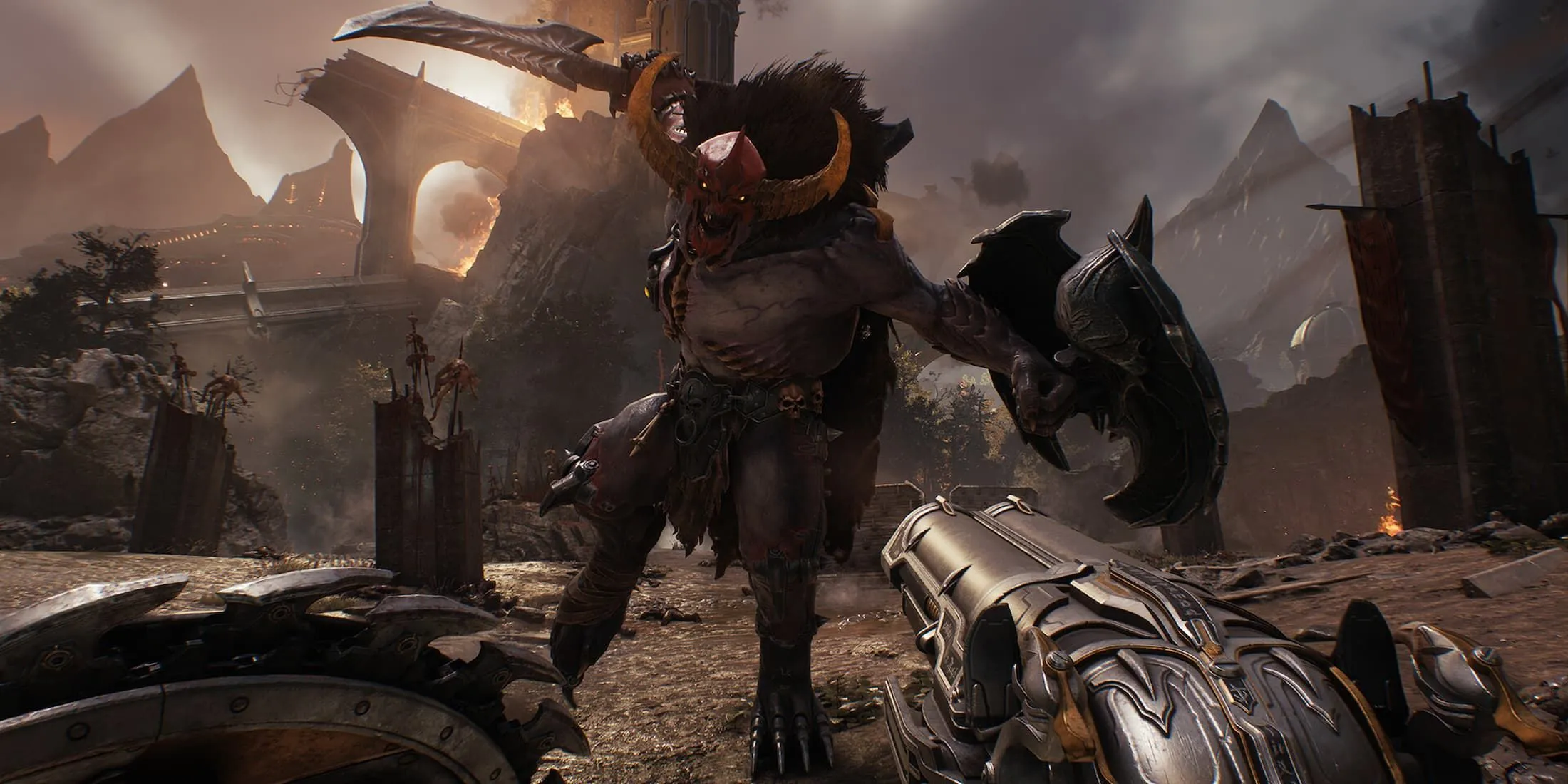 Doom Slayer với khiên và Super Shotgun trong Doom: The Dark Ages, minh họa vũ khí mới và lối chơi tấn công.