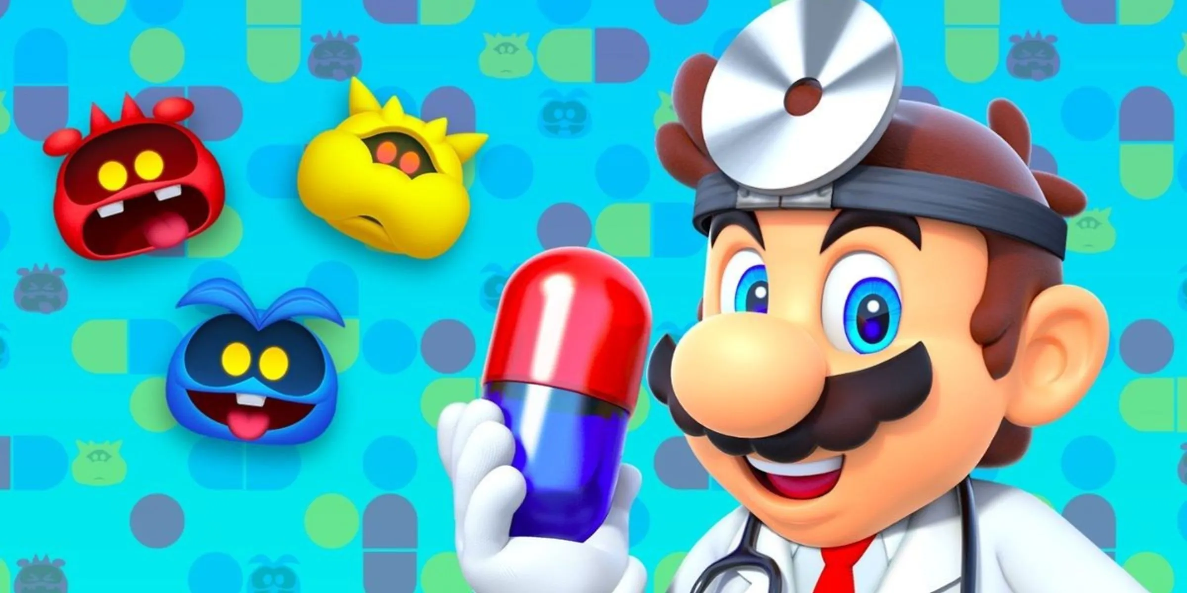 Dr. Mario cầm viên Mega Vitamin cùng ba loại virus đặc trưng trong game Dr. Mario World
