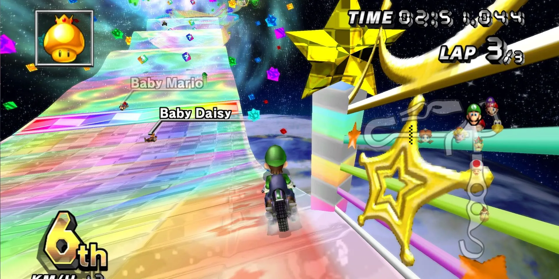 Đua Luigi trên đường đua Rainbow Road trong Mario Kart Wii