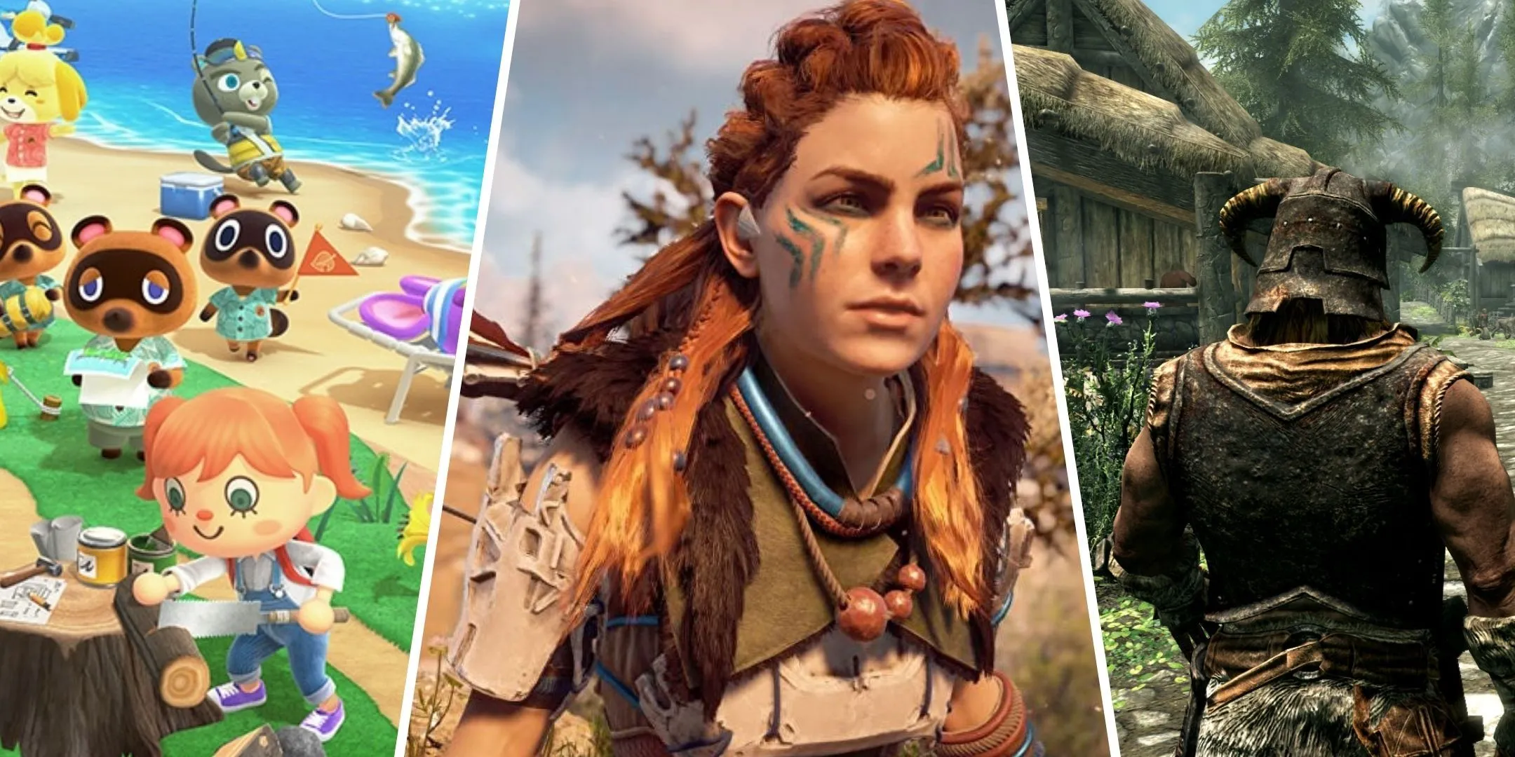 Game thế giới mở cho người mới bắt đầu với nhân vật Animal Crossing, Aloy từ Zero Dawn và một Nord từ Skyrim