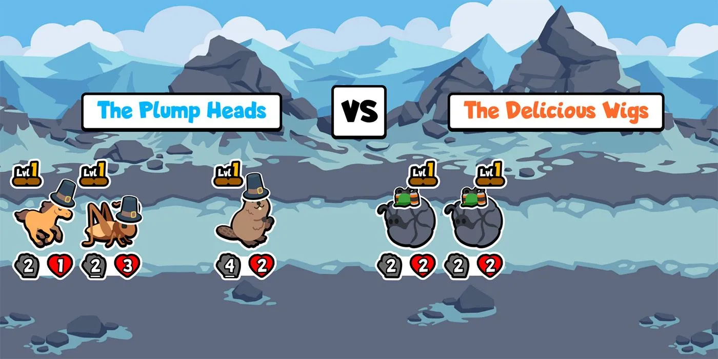 Giao diện chiến đấu trong game Super Auto Pets với các con vật dễ thương