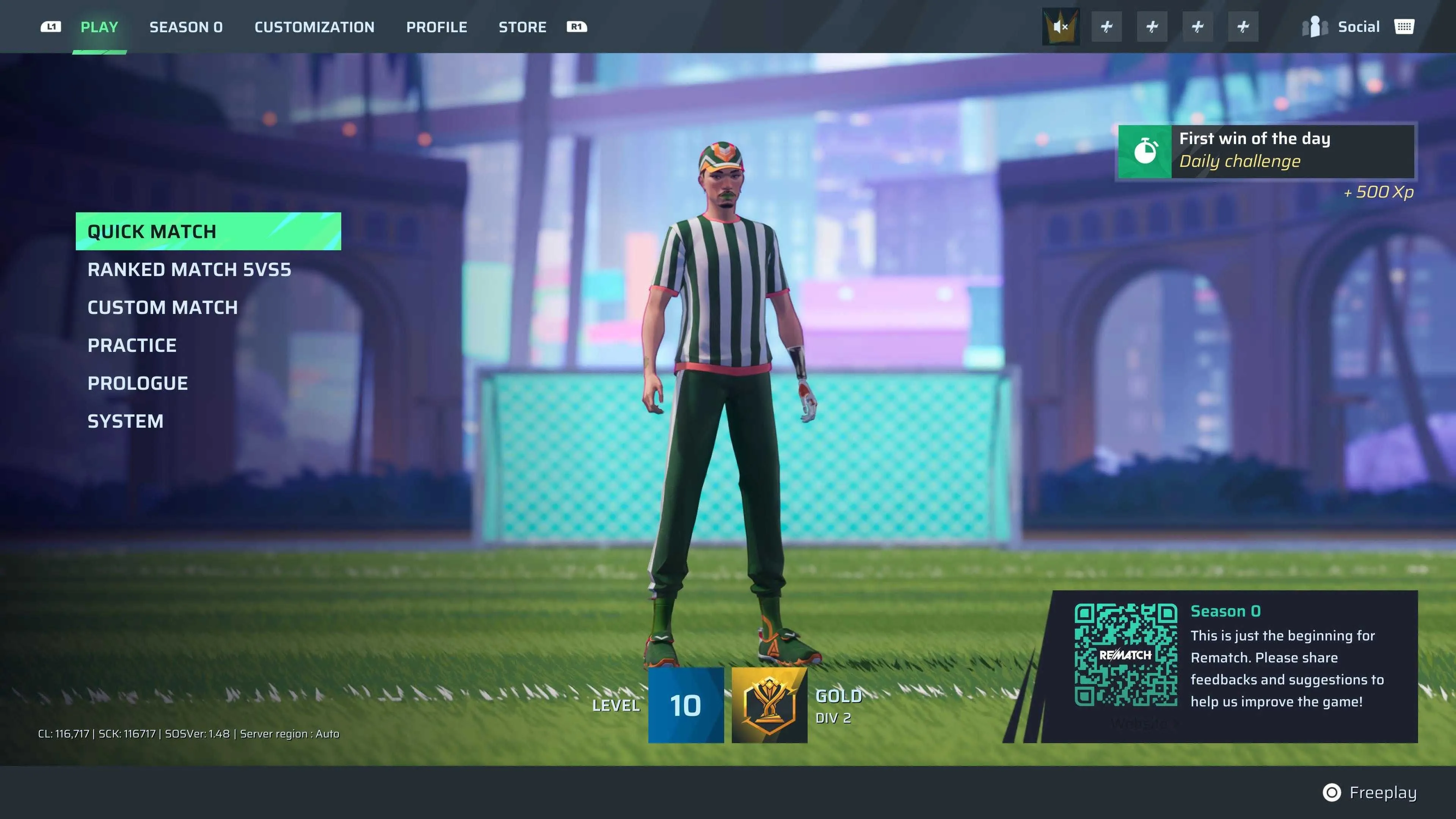 Giao diện menu chính của game Rematch, nơi bộc lộ những thiếu sót trong chế độ xếp hạng và giao diện người dùng