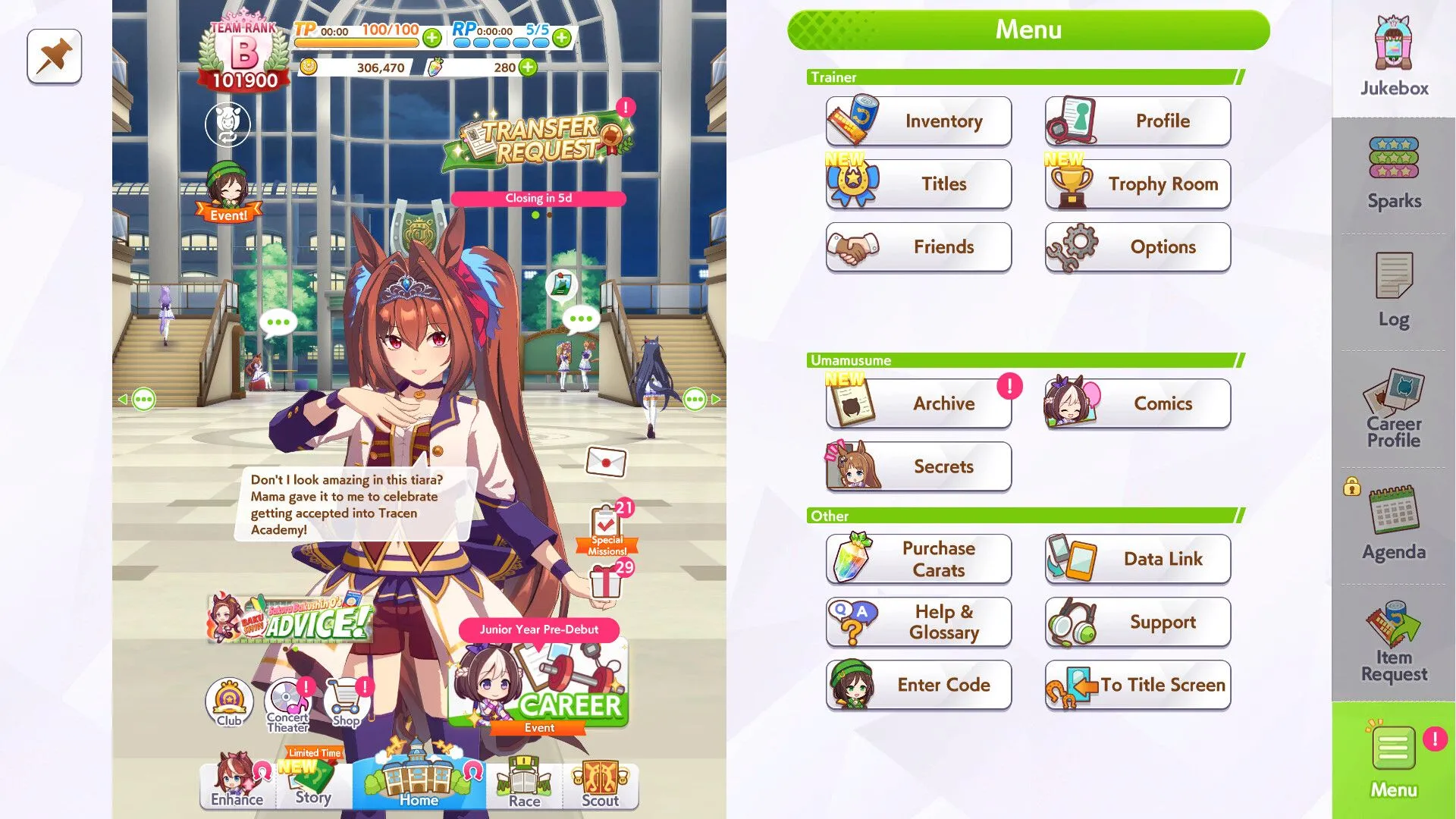 Giao diện menu chính game Umamusume Pretty Derby trên PC/Steam