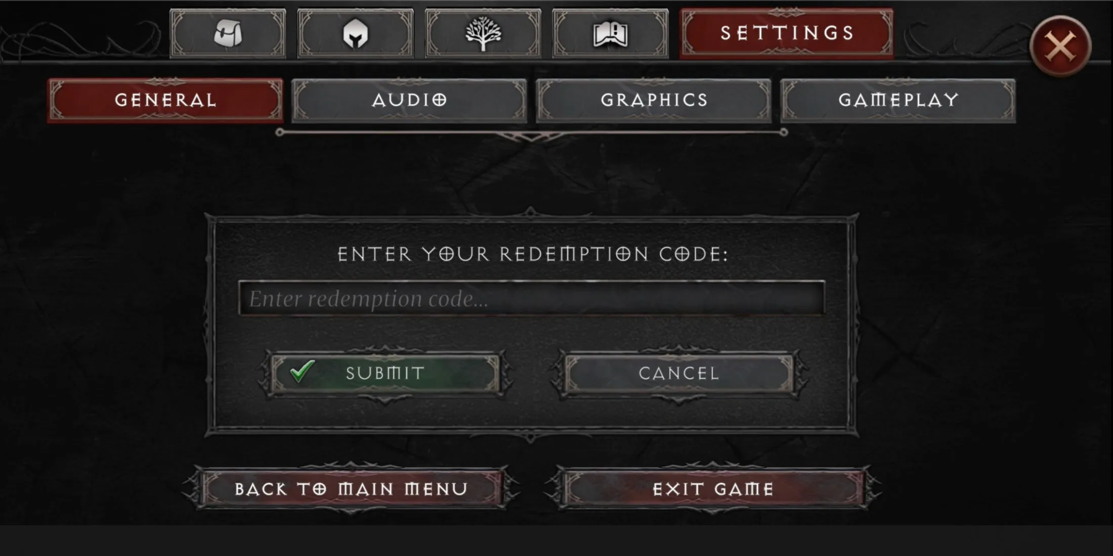 Giao diện tab đổi code trong Vampire's Fall 2, nơi nhập mã nhận thưởng.